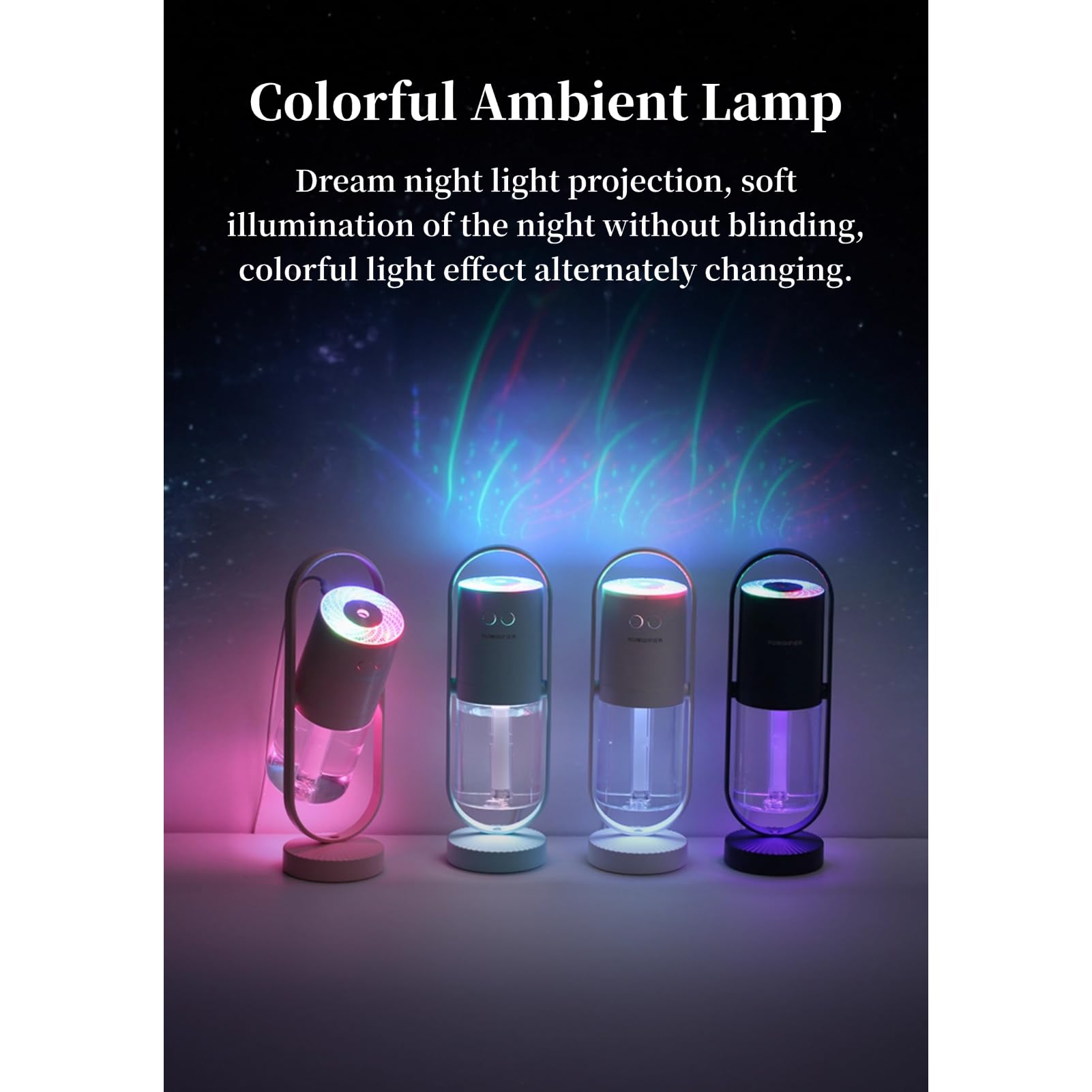 Portable Mini Humidifier with 7-Color LED Star Projector – USB Powered Desk Air Moisturizer for Baby Room, Office, Travel, Night Light & Party Decor (White)