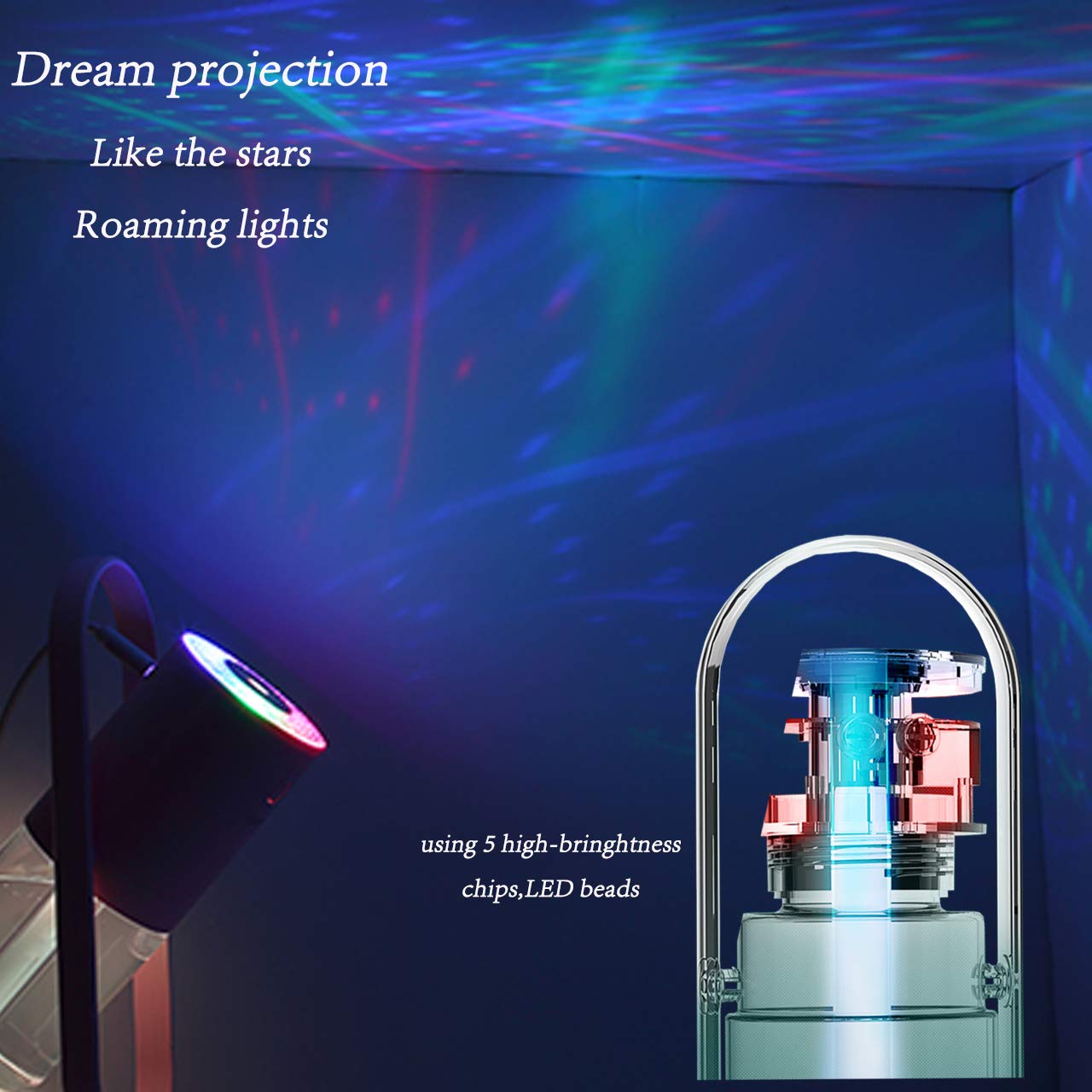 Portable Mini Humidifier with 7-Color LED Star Projector – USB Powered Desk Air Moisturizer for Baby Room, Office, Travel, Night Light & Party Decor (Deep Blue)