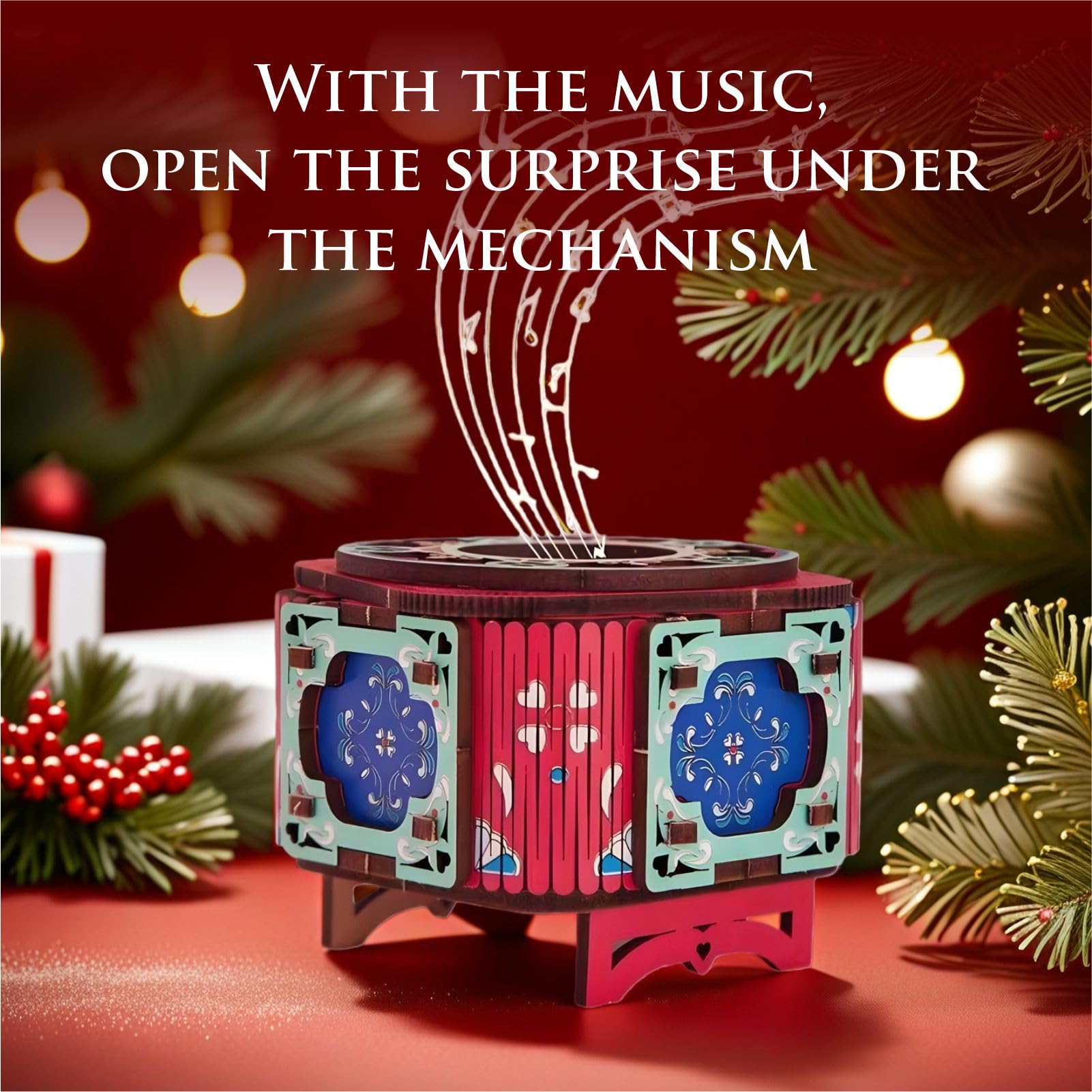 3D Wooden Music Box with LED Light – DIY Mechanical Puzzle Kit, Handcrafted Jewelry Storage, Romantic Gift for Her or Him (Red)