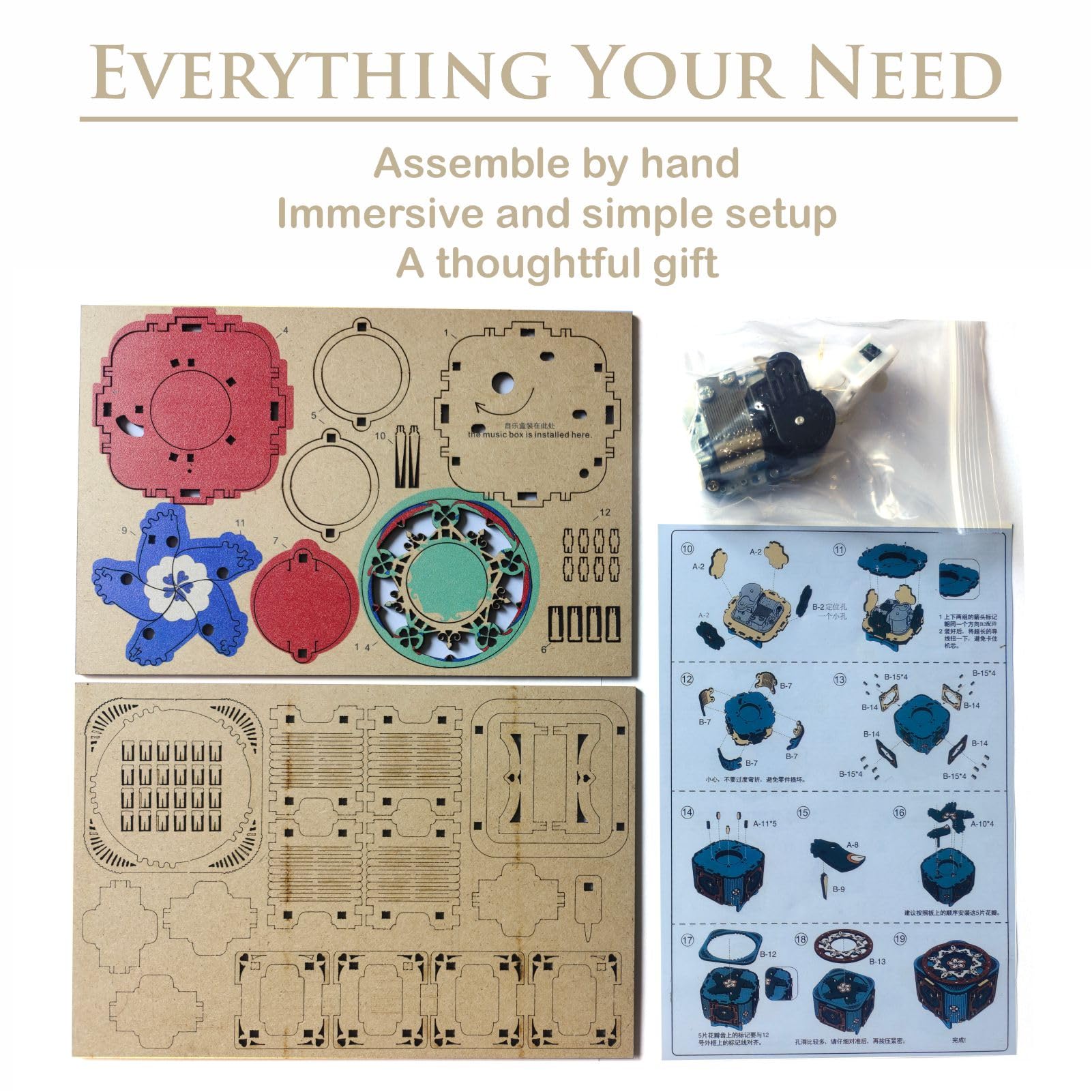 3D Wooden Music Box with LED Light – DIY Mechanical Puzzle Kit, Handcrafted Jewelry Storage, Romantic Gift for Her or Him (Red)