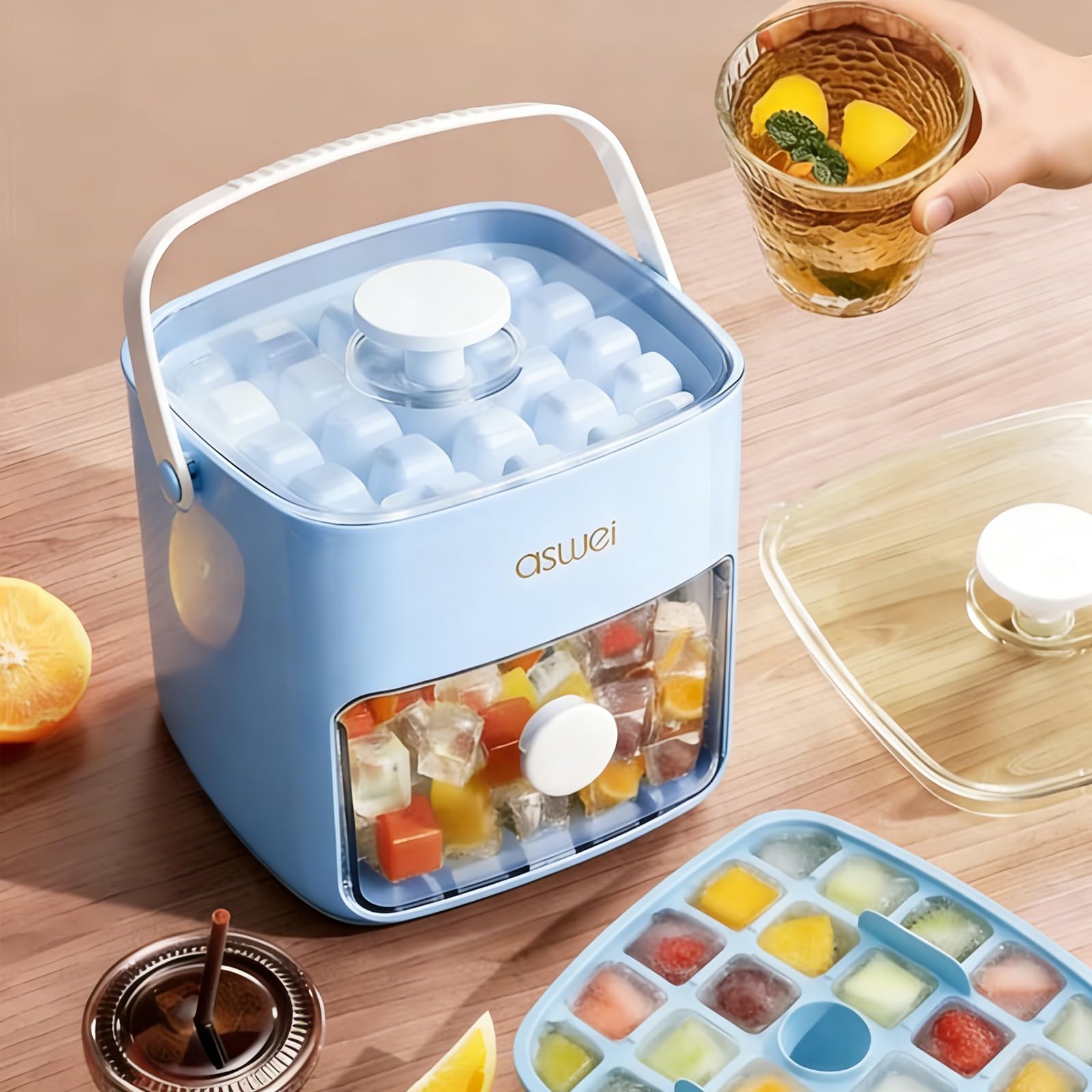 Portable Ice Cube Maker with Storage Drawer – BPA-Free, 48-Cube Capacity, Push-Release Tray & Transparent Lid for Cocktails, Coffee, Whiskey(Blue)