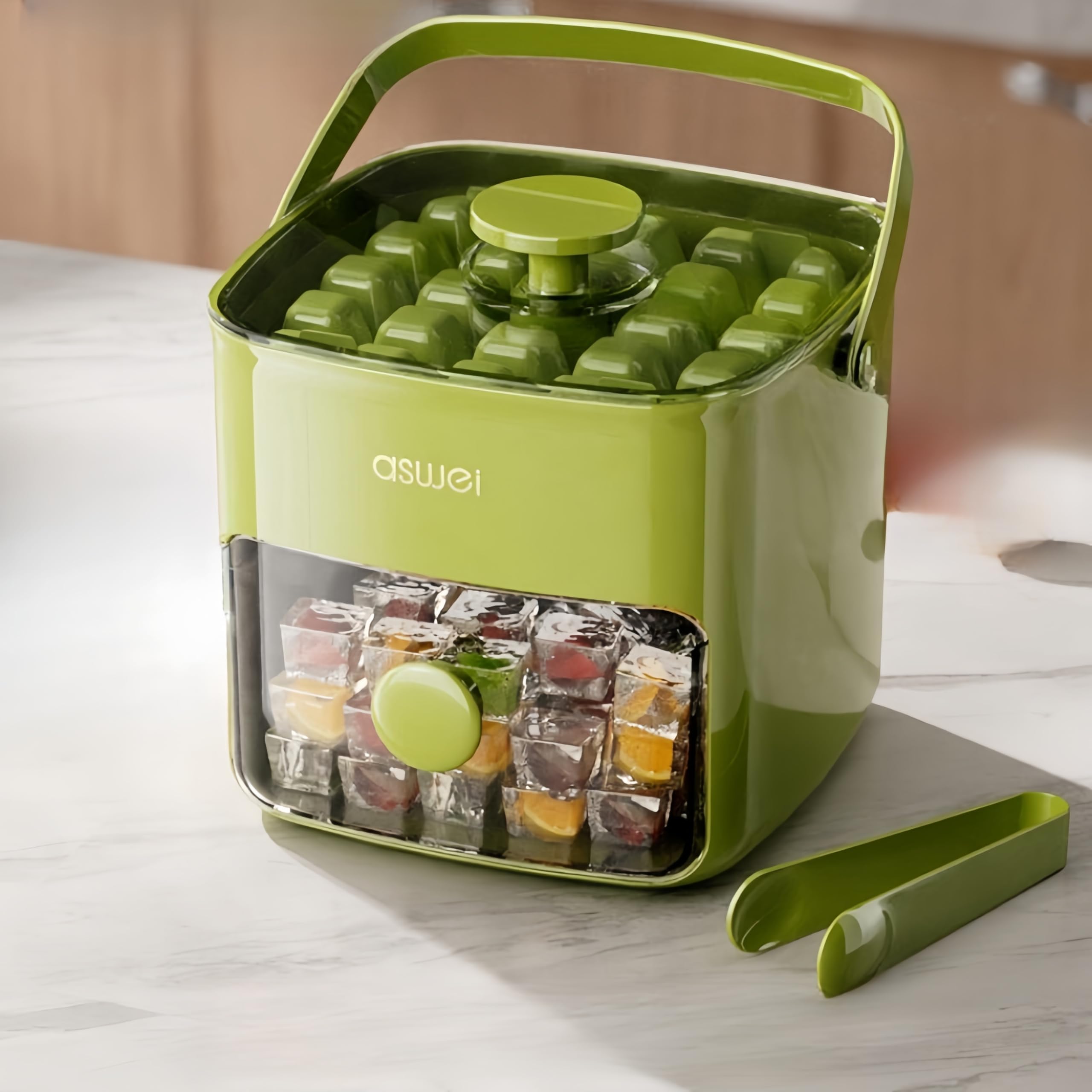 Portable Ice Cube Maker with Storage Drawer – BPA-Free, 48-Cube Capacity, Push-Release Tray & Transparent Lid for Cocktails, Coffee, Whiskey(Green)