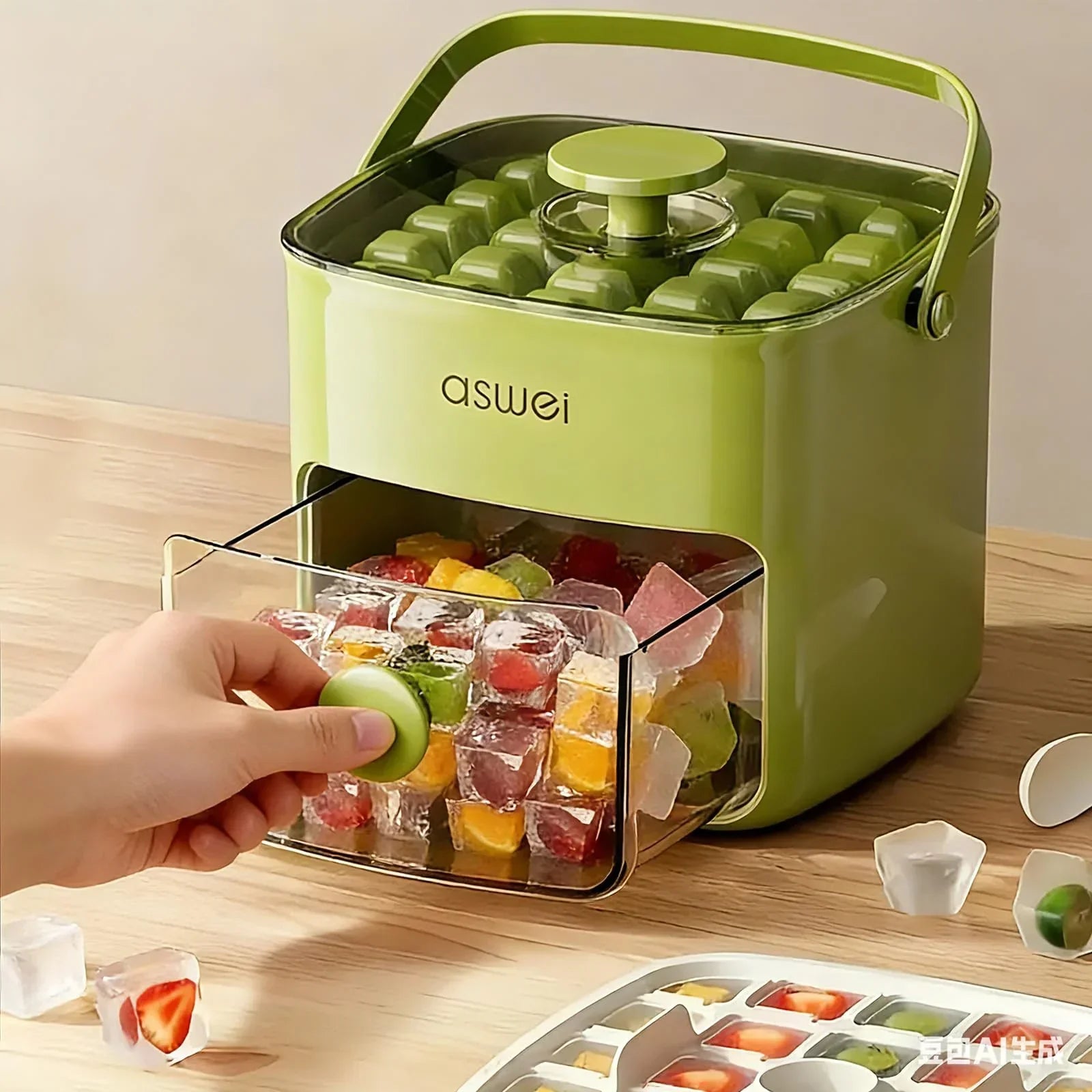 Portable Ice Cube Maker with Storage Drawer – BPA-Free, 48-Cube Capacity, Push-Release Tray & Transparent Lid for Cocktails, Coffee, Whiskey(Green)