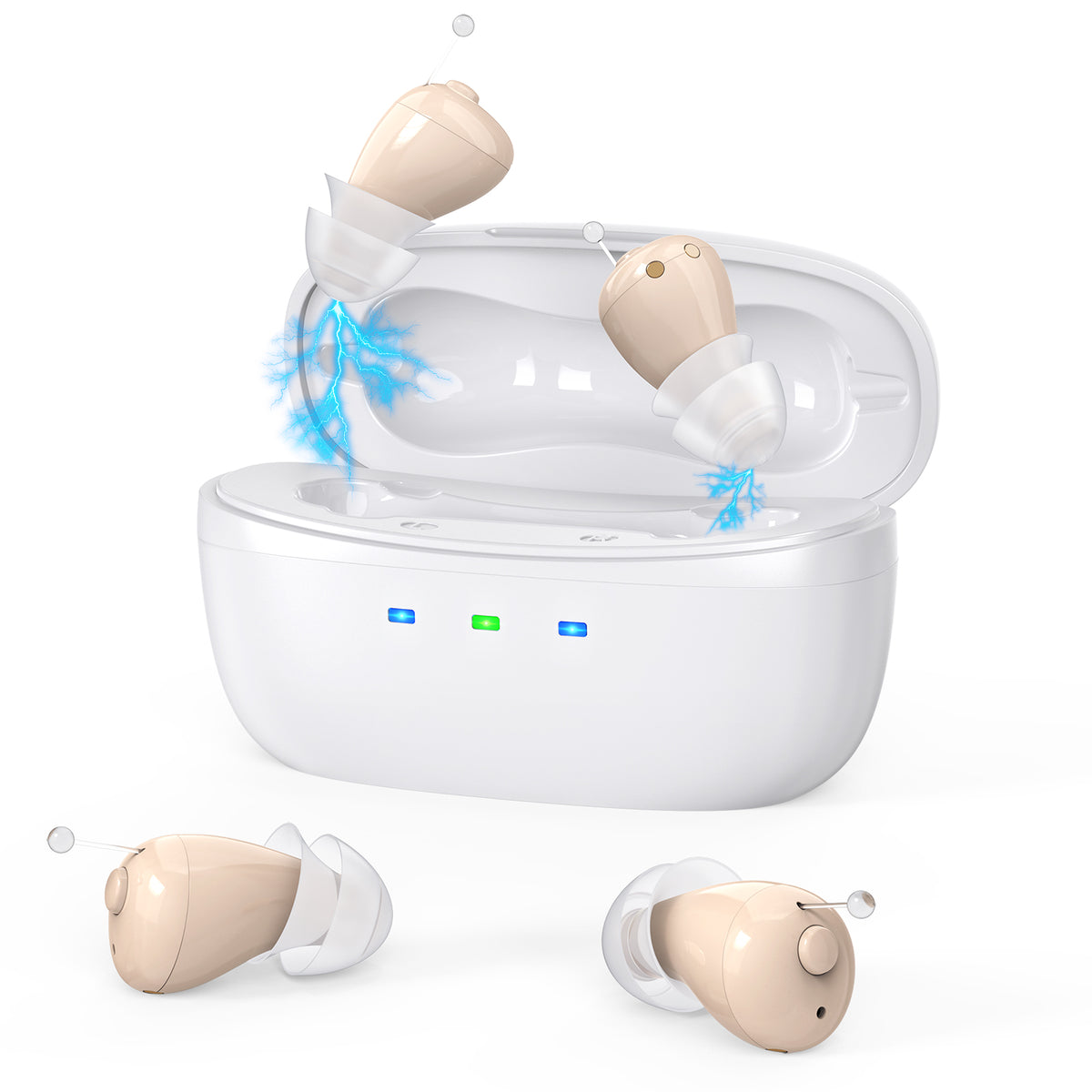 Rechargeable Behind-the-Ear Hearing Aids with Charging Case – Compact Sound Amplifier for Adults & Seniors with Memory Volume (White Case, Skin Tone Device)