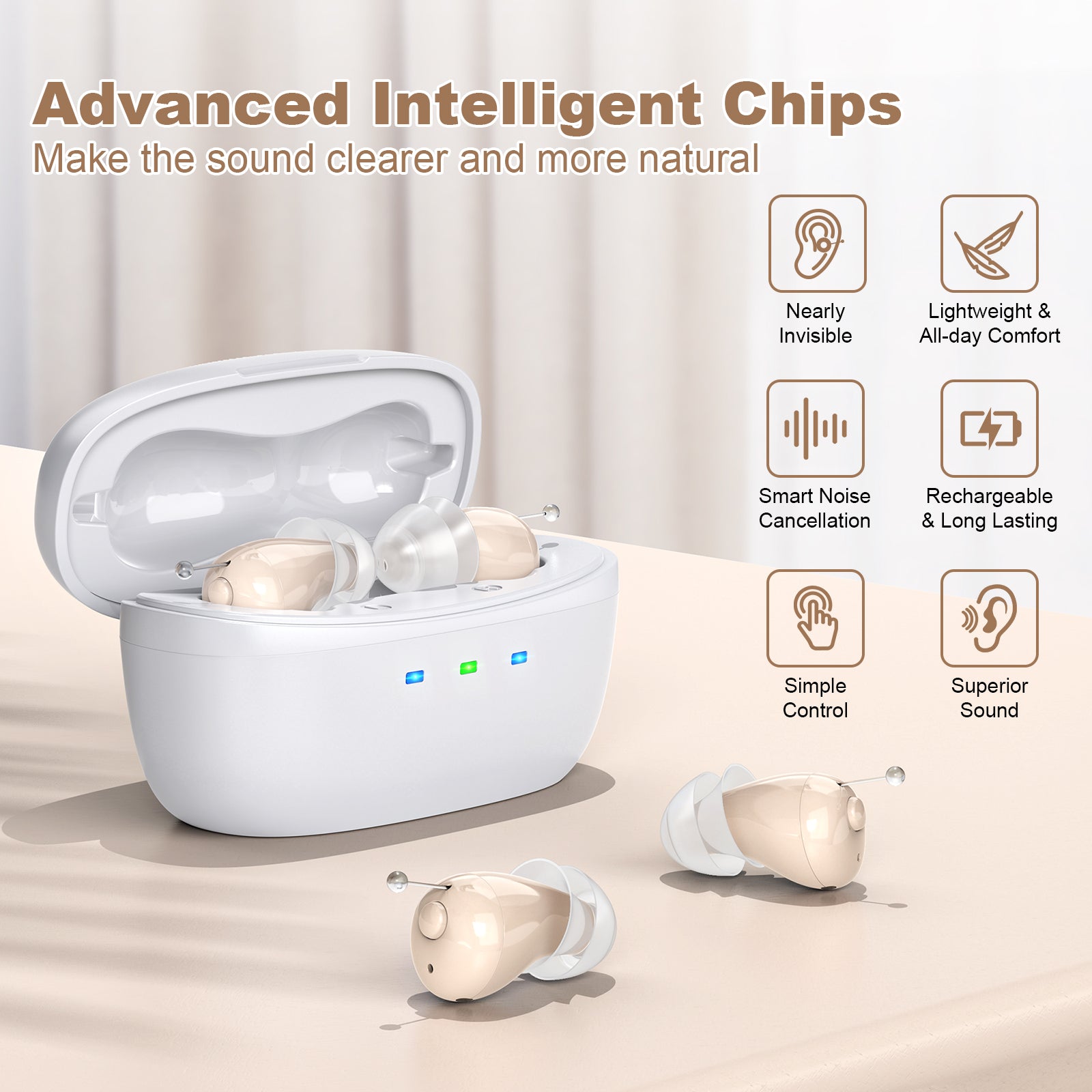 Rechargeable Behind-the-Ear Hearing Aids with Charging Case – Compact Sound Amplifier for Adults & Seniors with Memory Volume (White Case, Skin Tone Device)