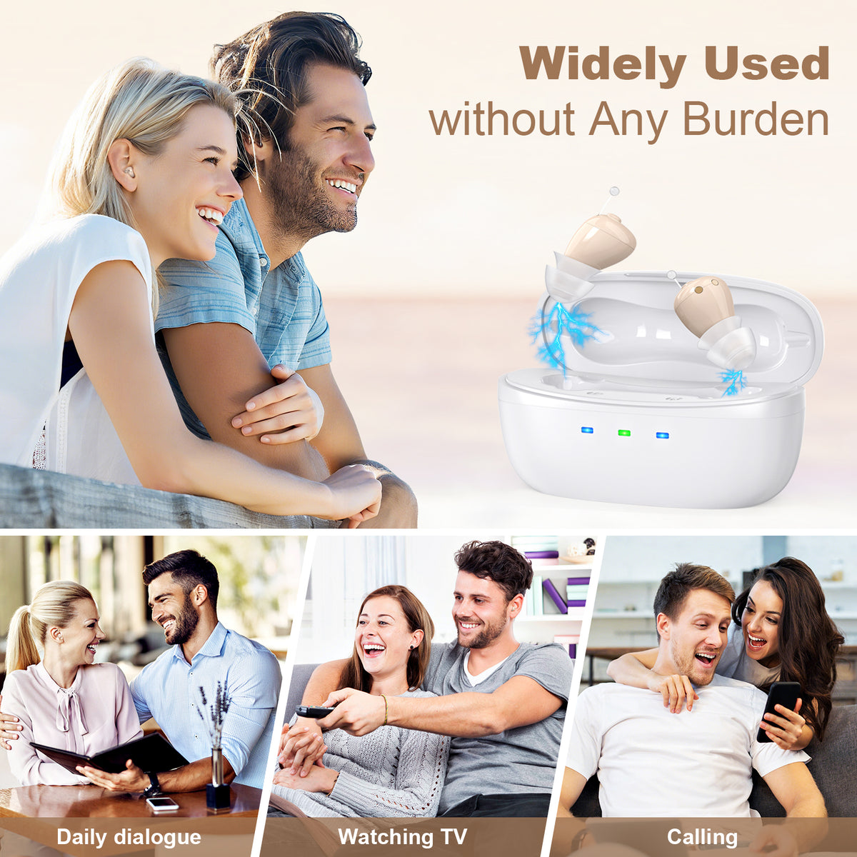 Rechargeable Behind-the-Ear Hearing Aids with Charging Case – Compact Sound Amplifier for Adults & Seniors with Memory Volume (White Case, Skin Tone Device)