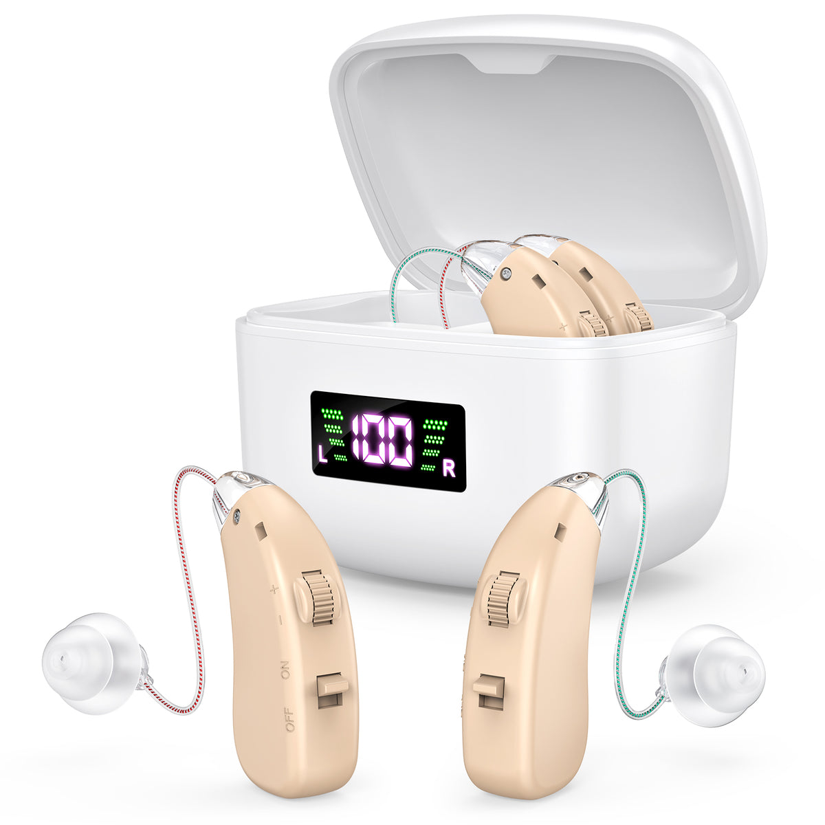 Rechargeable Behind-the-Ear Hearing Aids with Charging Case & LCD Display – Compact Sound Amplifier for Adults and Seniors (White Case, Skin Tone Device)
