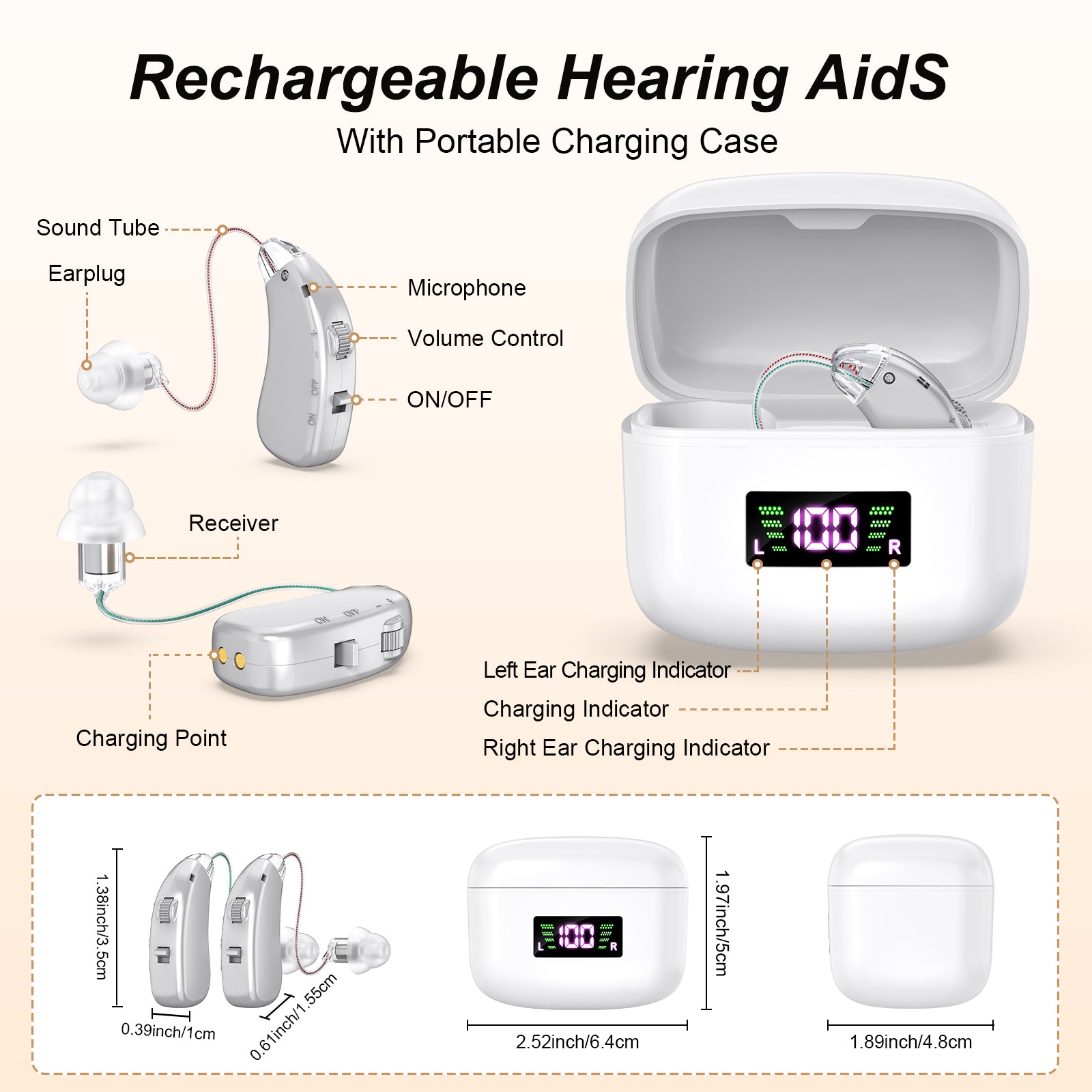Rechargeable Behind-the-Ear Hearing Aids with Charging Case & LCD Display – Compact Sound Amplifier for Adults and Seniors (White Case, Silver Device)