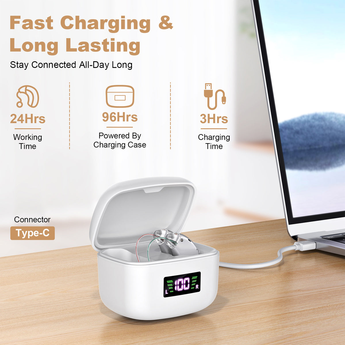 Rechargeable Behind-the-Ear Hearing Aids with Charging Case & LCD Display – Compact Sound Amplifier for Adults and Seniors (White Case, Silver Device)