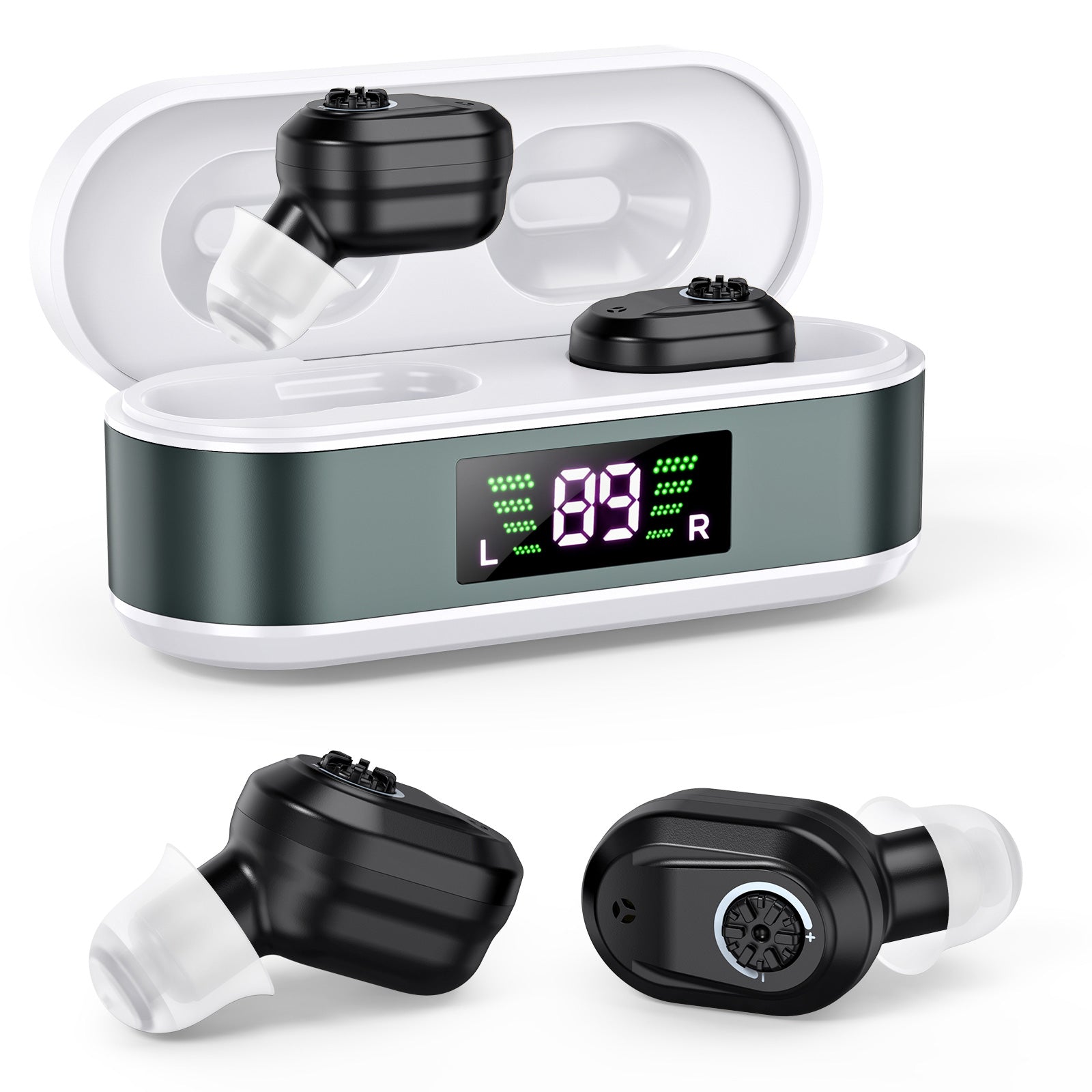 Rechargeable In-the-Ear Hearing Aids with Charging Case and LCD Display – Ultra-Compact Sound Amplifier for Seniors (White & Green Case, Black Device)