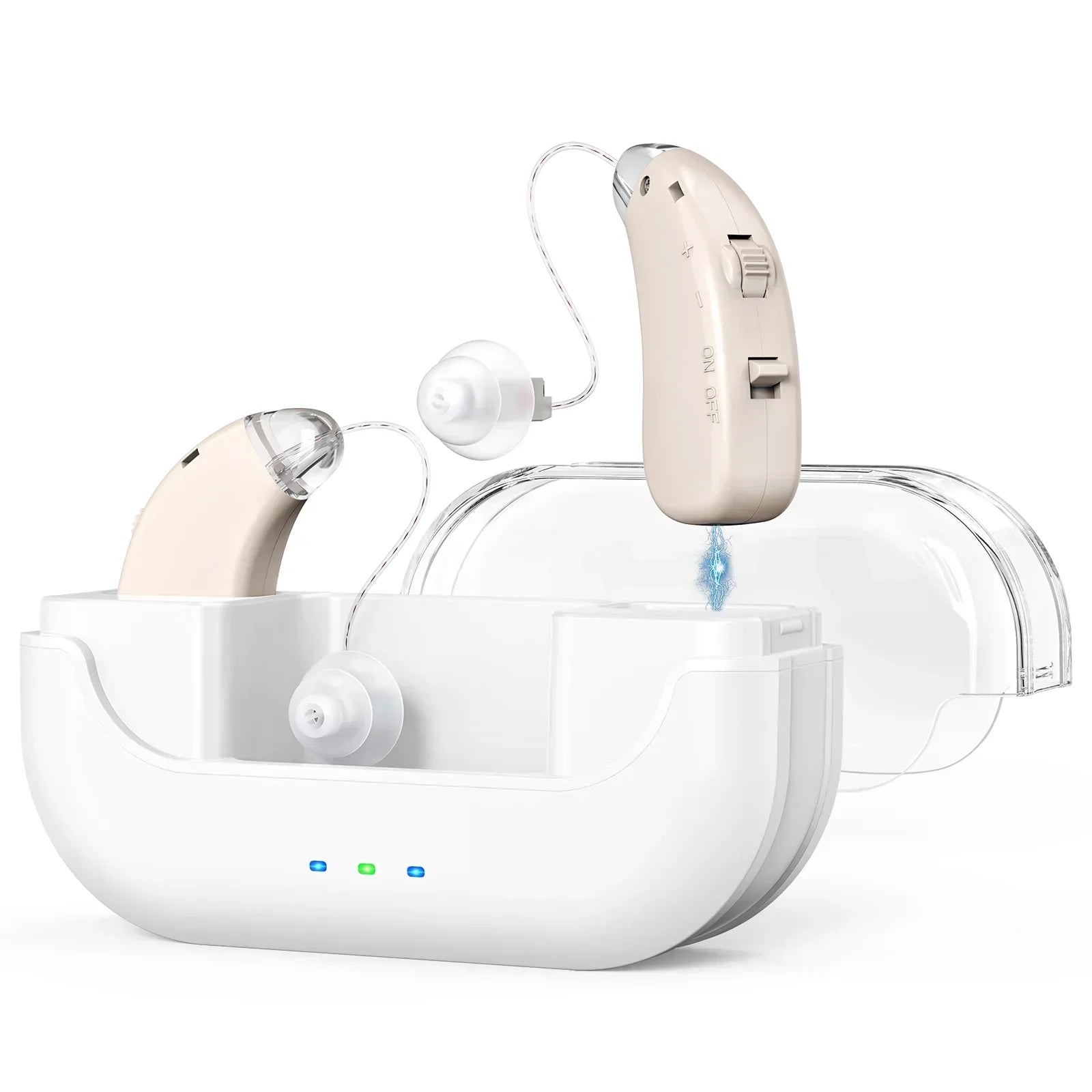 Rechargeable Hearing Amplifier with Charging Case – Compact Sound Enhancer for Daily Use, Noise Reduction & Clear Audio (White & Transparent Case, Skin Tone)