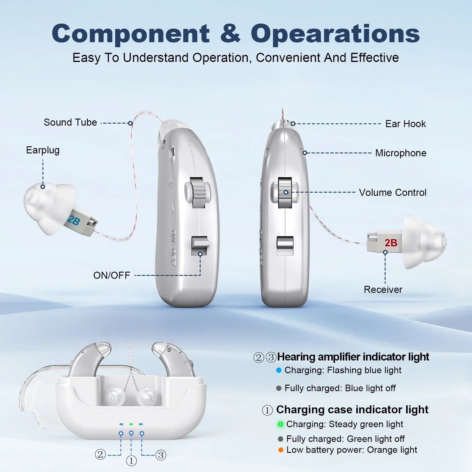 Rechargeable Hearing Amplifier with Charging Case – Compact Sound Enhancer for Daily Use, Noise Reduction & Clear Audio (White & Transparent Case, Silver Tone)