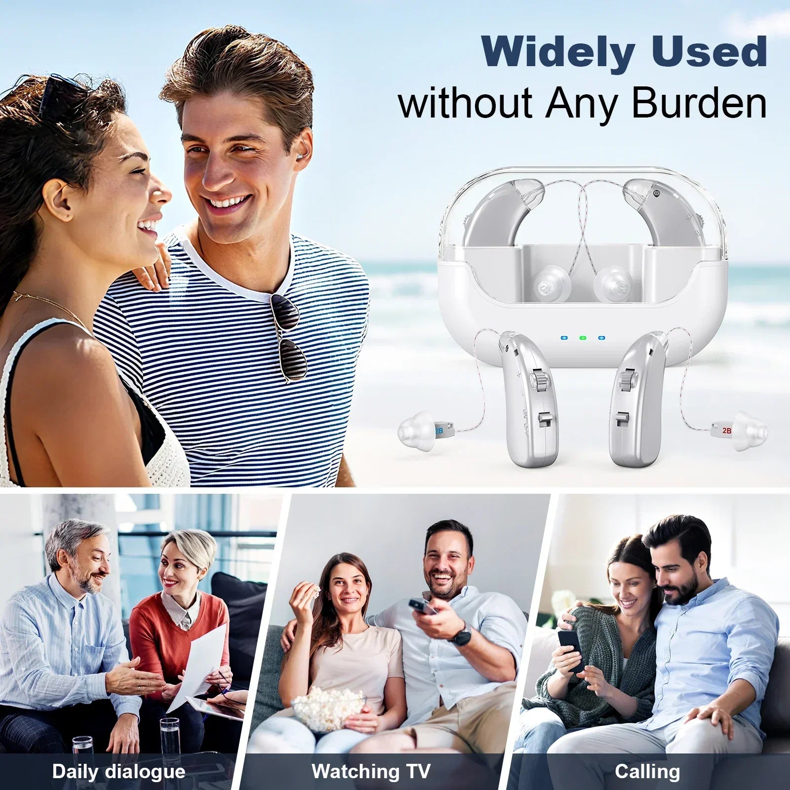 Rechargeable Hearing Amplifier with Charging Case – Compact Sound Enhancer for Daily Use, Noise Reduction & Clear Audio (White & Transparent Case, Silver Tone)