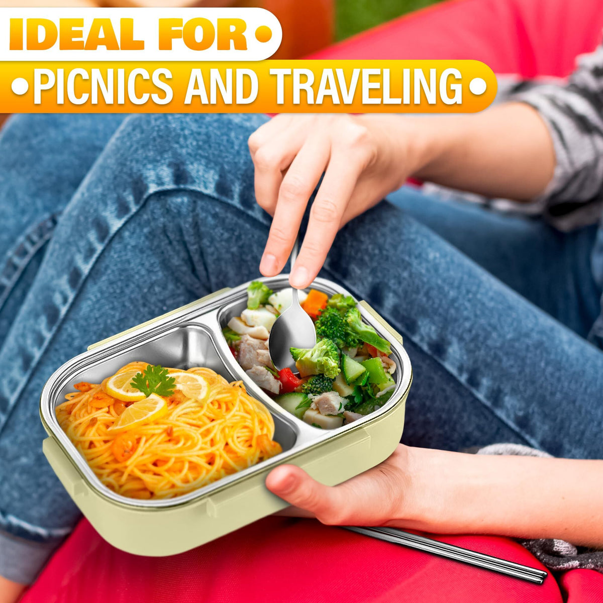 Stainless Steel Bento Lunch Box with Dual Compartments & Utensils – Microwave & Dishwasher Safe for Adults (Green)