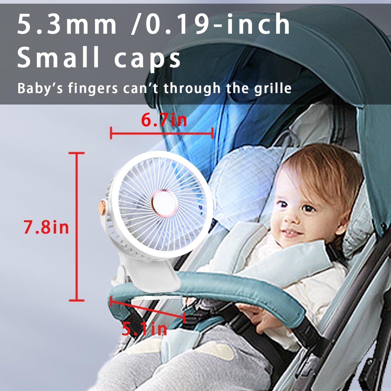 Mini Clip-on Fan with LED Light – USB Rechargeable, 360° Rotatable, 5-Speed Cooling for Desk, Bed, Camping & Travel (White)