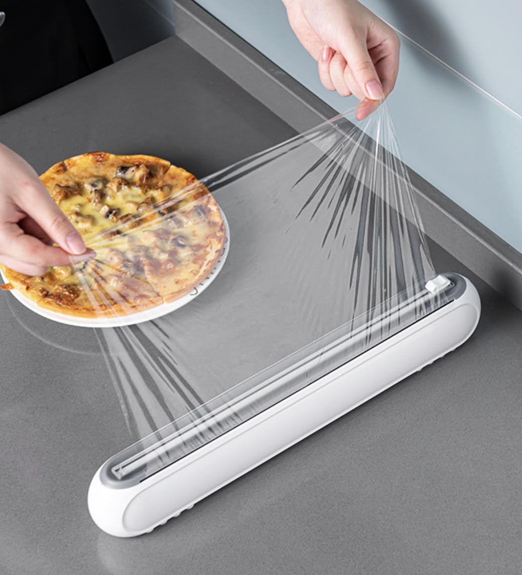 Suction-Mount Cling Film Dispenser: Compact Kitchen Organizer with Built-In Cutter for Food Wrap Storage (White) | Other colors available in store