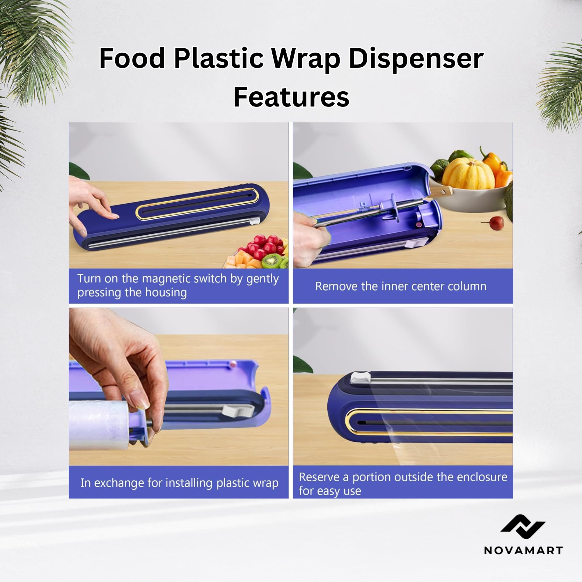 Suction-Mount Cling Film Dispenser: Compact Kitchen Organizer with Built-In Cutter for Food Wrap Storage (Blue) | Other colors available in store