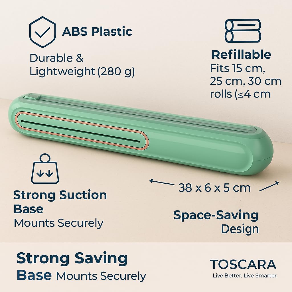 Suction-Mount Cling Film Dispenser: Compact Kitchen Organizer with Built-In Cutter for Food Wrap Storage (Green) | Other colors available in store
