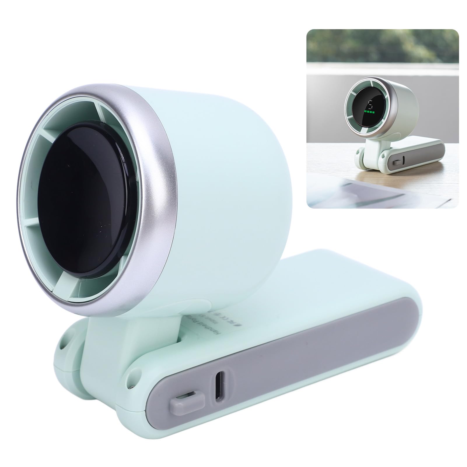 Portable Turbo Handheld Fan with Digital Display – 5-Speed Rechargeable Mini Fan, 3600mAh Battery, Foldable & Neck Strap Design for Outdoor Travel and Daily Use(Green)