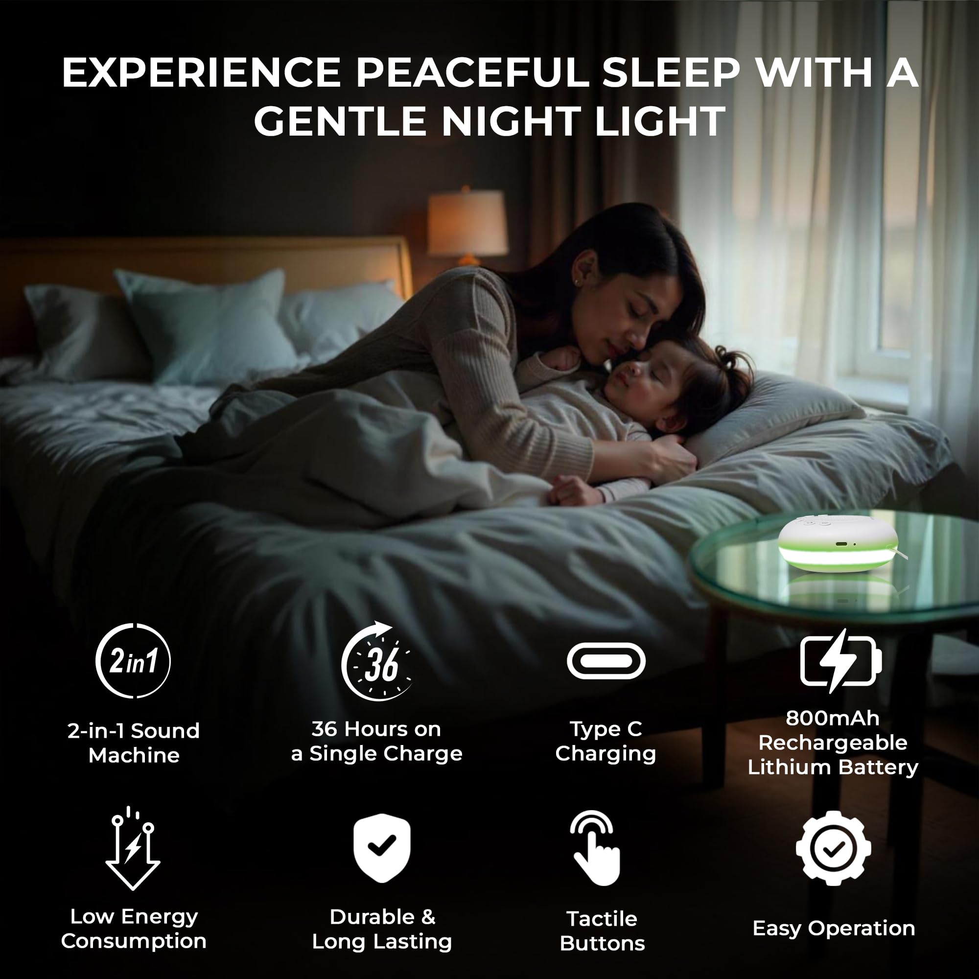 Portable White Noise Machine with 20 Soothing Sounds & RGB LED Night Light – Compact Sleep Sound Device for Babies, Adults & Travel