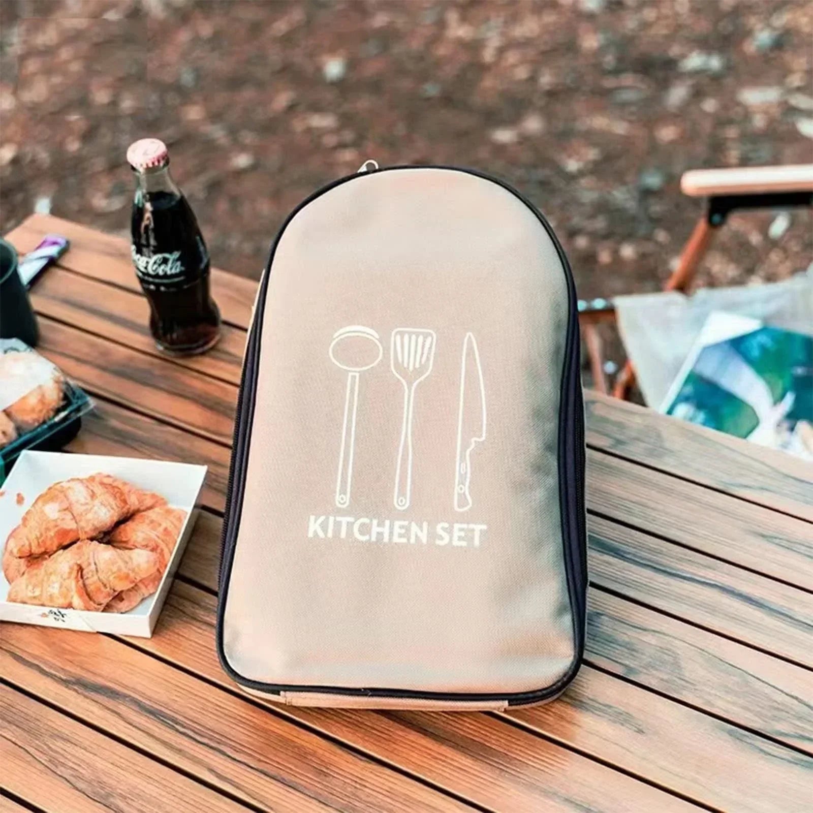 Multi-Functional Outdoor Kitchen Utensil Organizer – Durable Travel Storage Bag with Elastic Straps, Mesh Pockets & Carry Handle, Compact Size (Khaki)