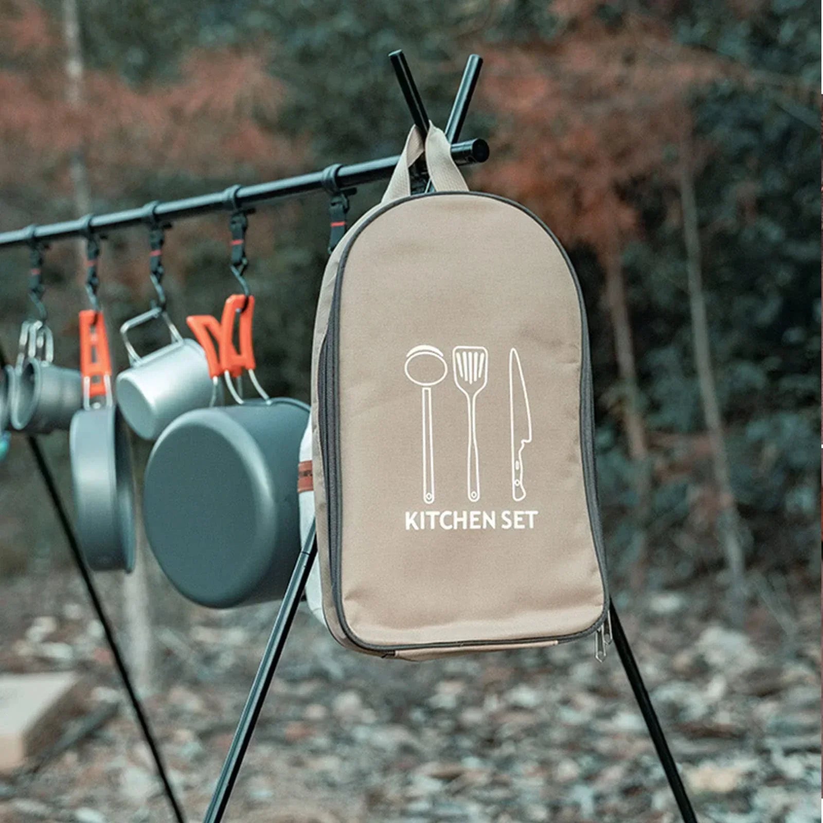 Multi-Functional Outdoor Kitchen Utensil Organizer – Durable Travel Storage Bag with Elastic Straps, Mesh Pockets & Carry Handle, Compact Size (Khaki)