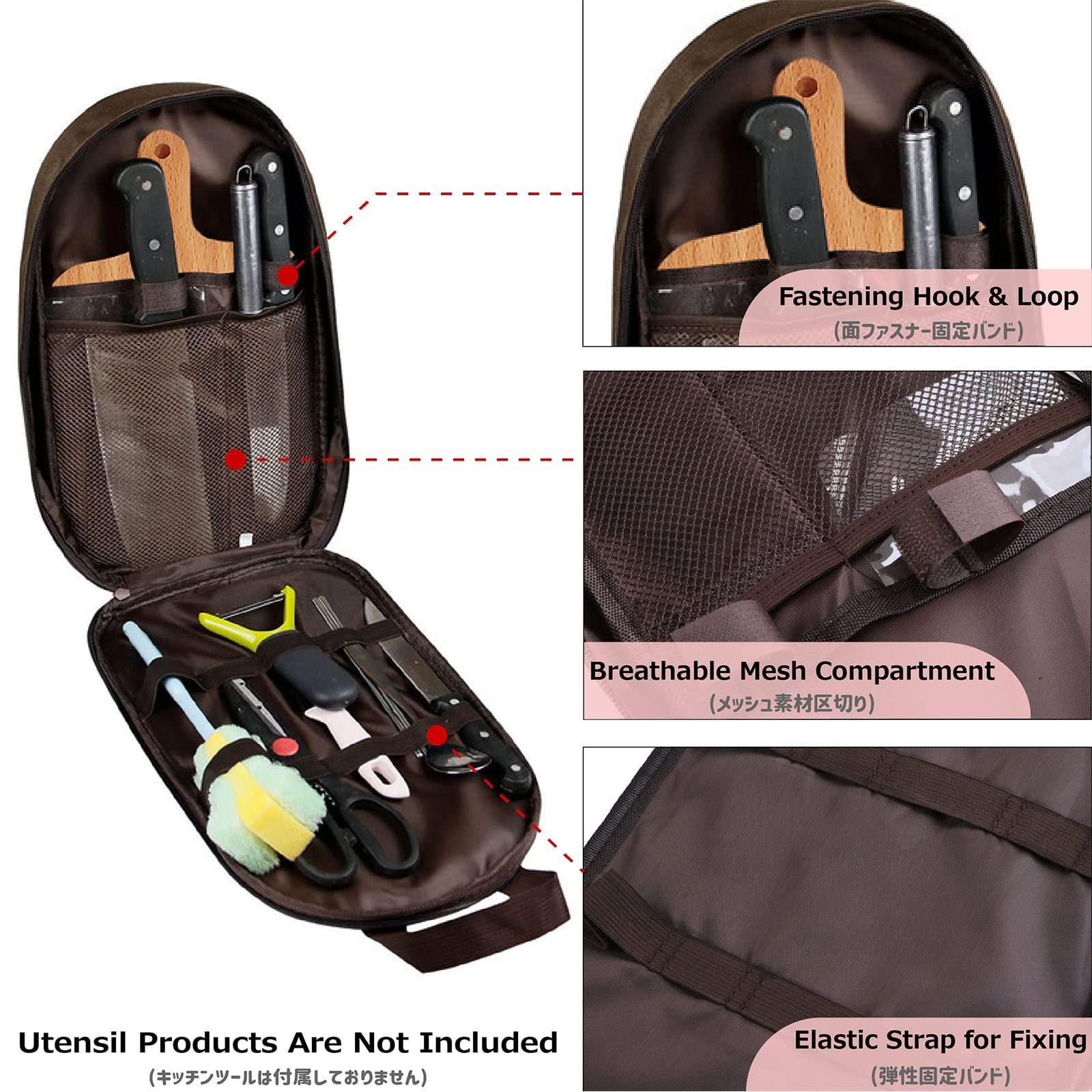 Multi-Functional Outdoor Kitchen Utensil Organizer – Durable Travel Storage Bag with Elastic Straps, Mesh Pockets & Carry Handle, Compact Size (Khaki)