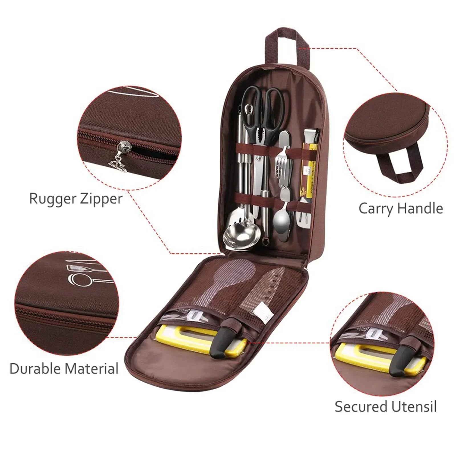 Multi-Functional Outdoor Kitchen Utensil Organizer – Durable Travel Storage Bag with Elastic Straps, Mesh Pockets & Carry Handle, Compact Size (Khaki)