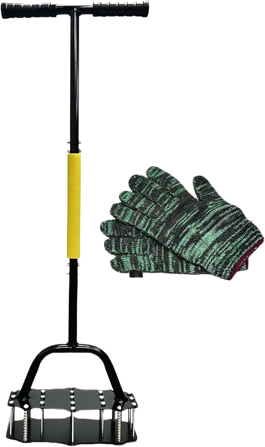 Manual Lawn Aerator Tool with Spring-Loaded Spikes, Heavy-Duty Soil Loosener for Garden Yard, Adjustable Height Grass Aeration Device (Black)