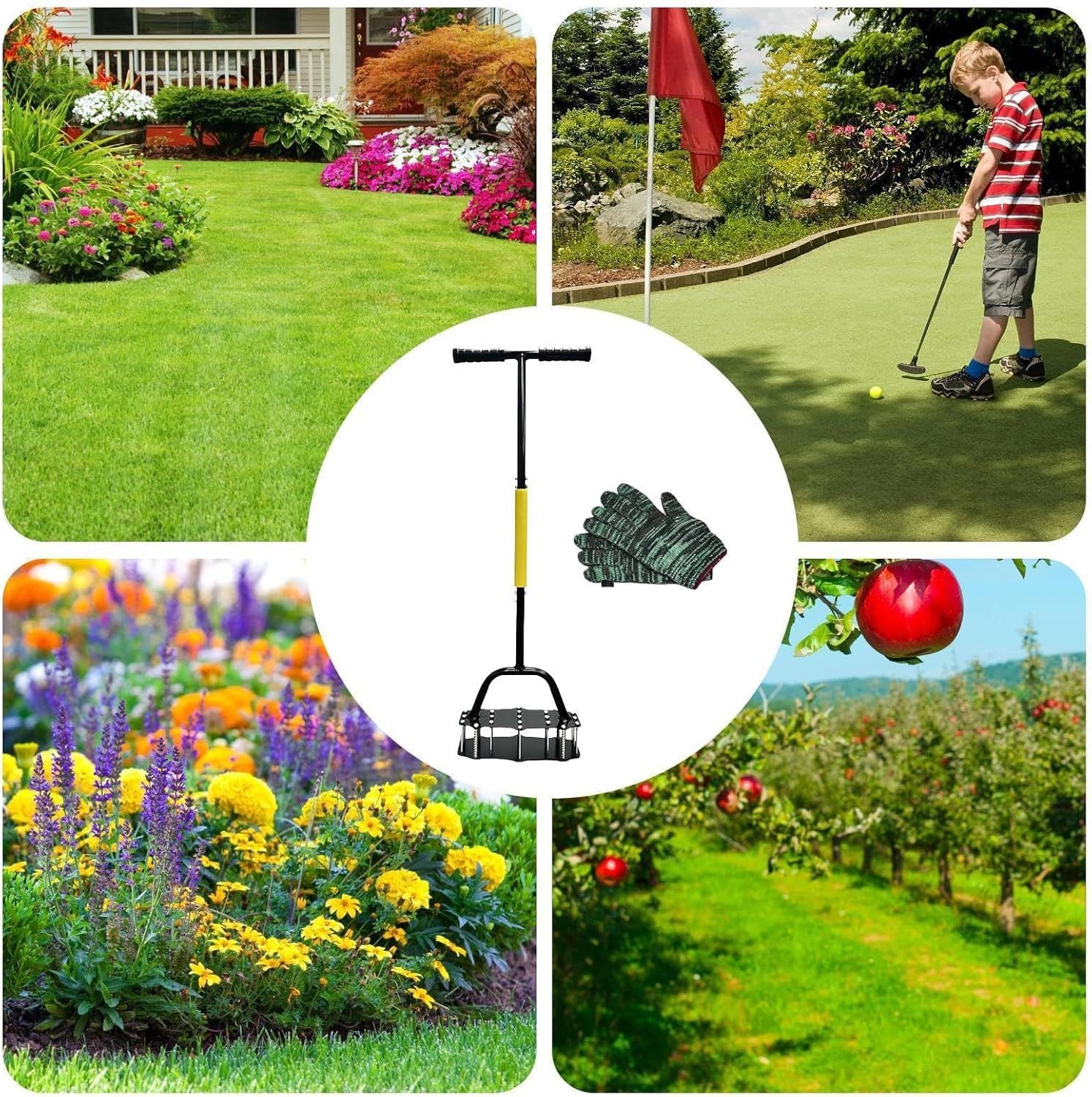 Manual Lawn Aerator Tool with Spring-Loaded Spikes, Heavy-Duty Soil Loosener for Garden Yard, Adjustable Height Grass Aeration Device (Black)