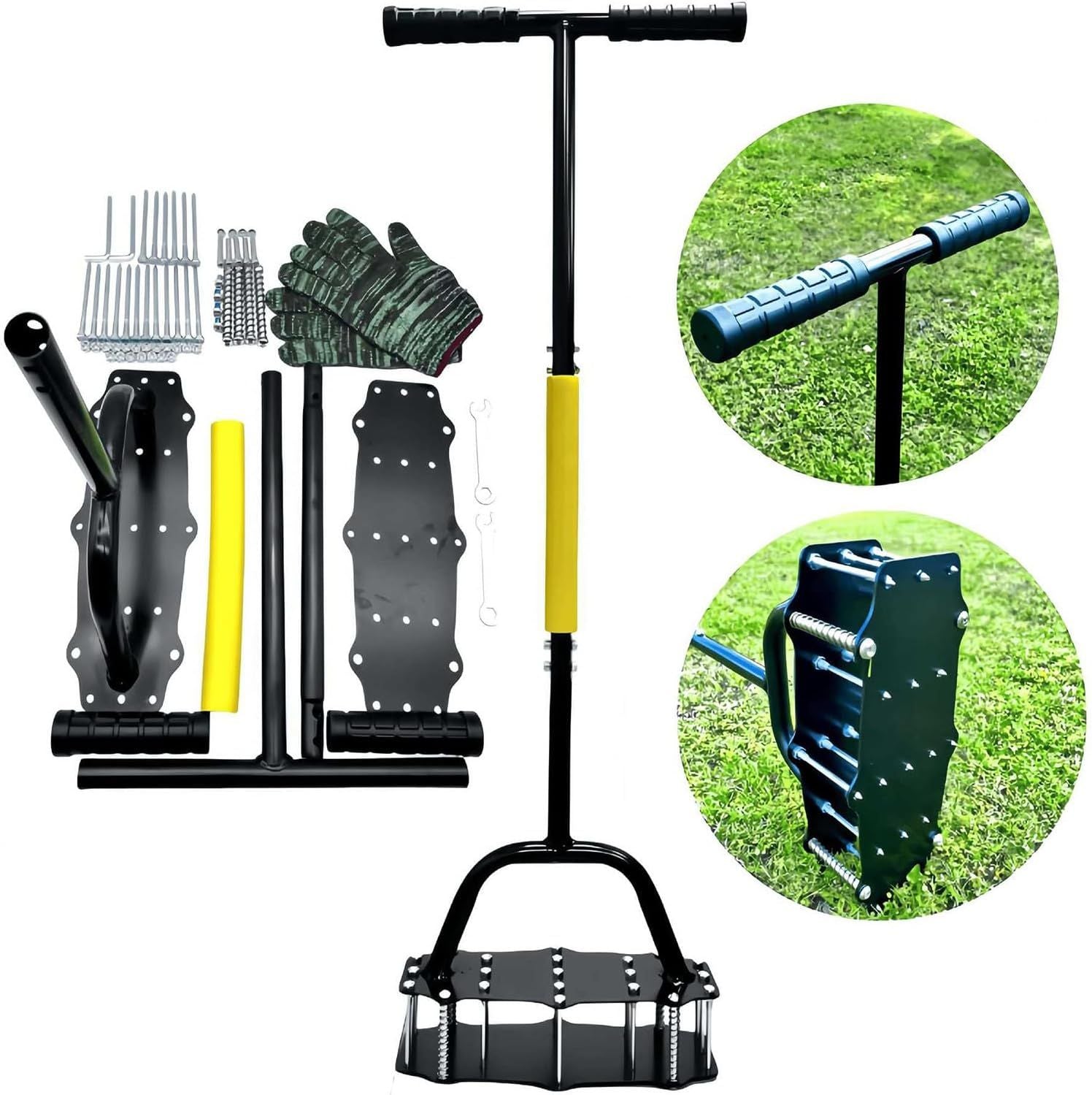 Manual Lawn Aerator Tool with Spring-Loaded Spikes, Heavy-Duty Soil Loosener for Garden Yard, Adjustable Height Grass Aeration Device (Black)