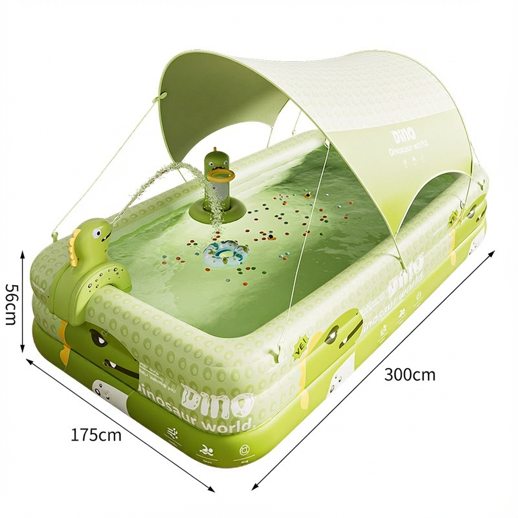 Inflatable Swimming Pool 300×175×56cm with Canopy & Dinosaur Spray – Kids Outdoor Water Play Set for Backyard, Garden, Summer Fun (Green)