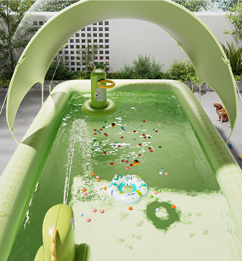 Inflatable Swimming Pool 300×175×56cm with Canopy & Dinosaur Spray – Kids Outdoor Water Play Set for Backyard, Garden, Summer Fun (Green)