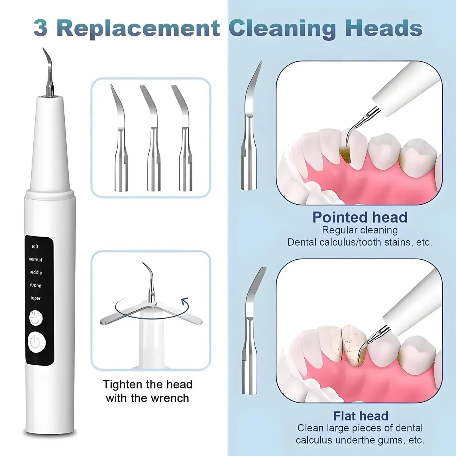 High-End Ultrasonic Tooth Cleaner with LED Light & Smart Gum Protection – 5 Modes, IPX7 Waterproof, Rechargeable, 3 Replacement Tips (White)