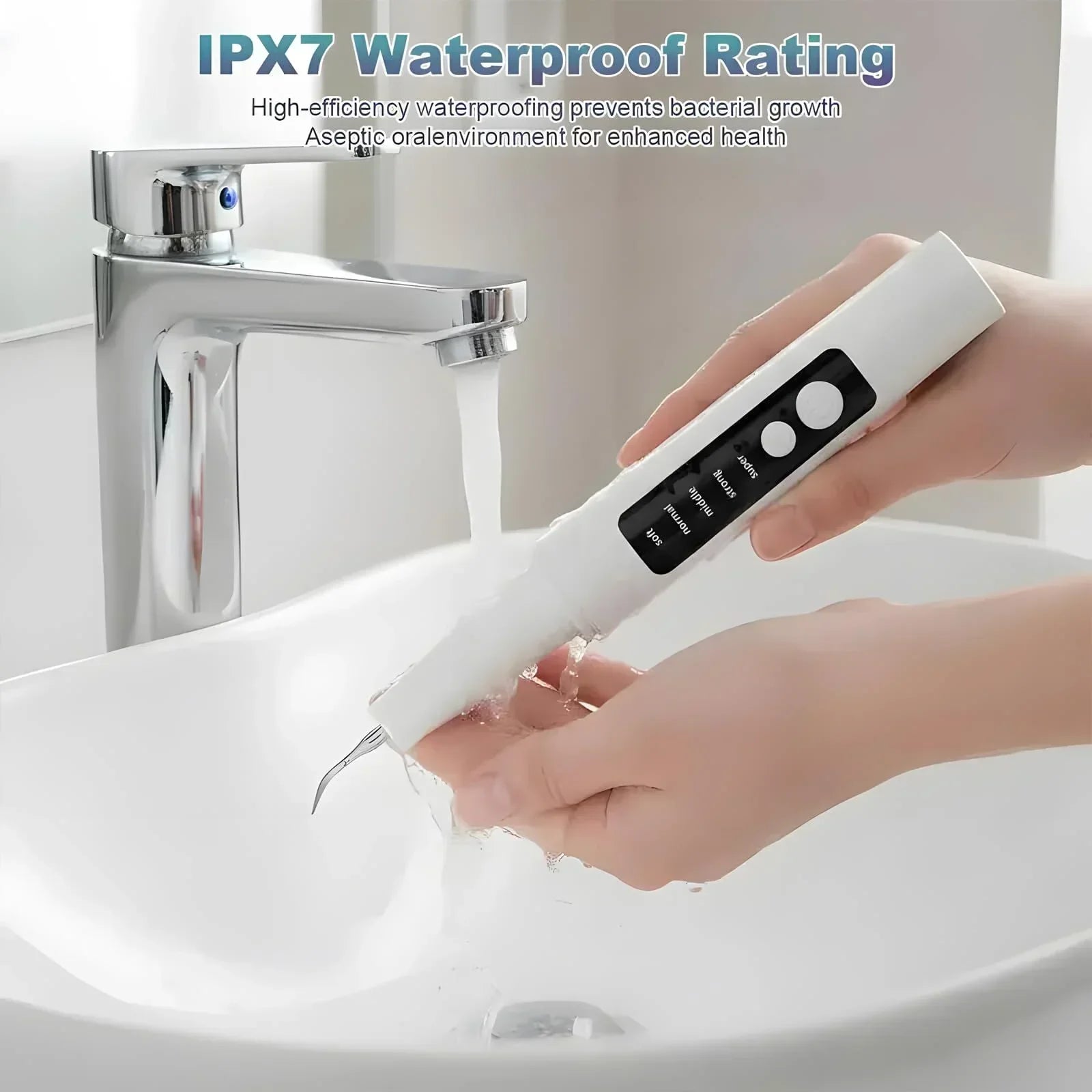 High-End Ultrasonic Tooth Cleaner with LED Light & Smart Gum Protection – 5 Modes, IPX7 Waterproof, Rechargeable, 3 Replacement Tips (White)