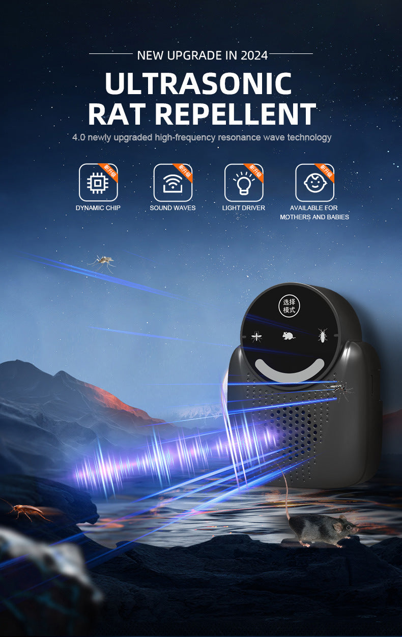 USB Ultrasonic Pest Repeller with Dynamic Frequency & Flash Light – Smart Rat, Mosquito & Cockroach Deterrent for Home, Garage, Warehouse (Black)