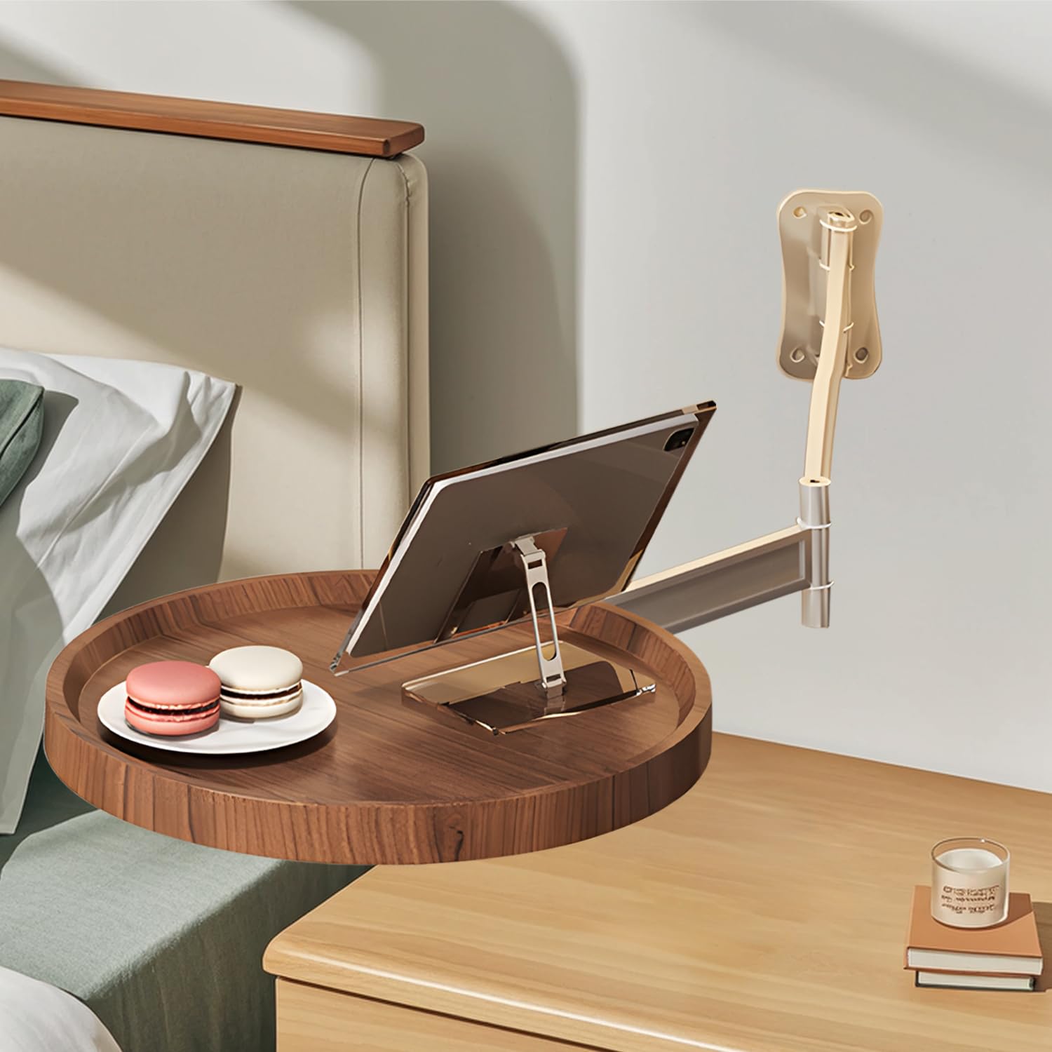 Wall-Mounted Foldable Round Table – Telescopic Adjustable Bedside Desk with Aluminum Alloy Support, Multi-Use Floating Table for Bedroom, Living Room, Balcony (Walnut)