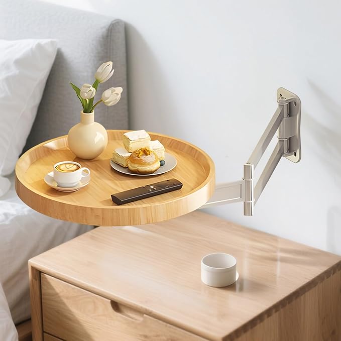 Wall-Mounted Foldable Round Table – Telescopic Adjustable Bedside Desk with Aluminum Alloy Support, Multi-Use Floating Table for Bedroom, Living Room, Balcony (Walnut)