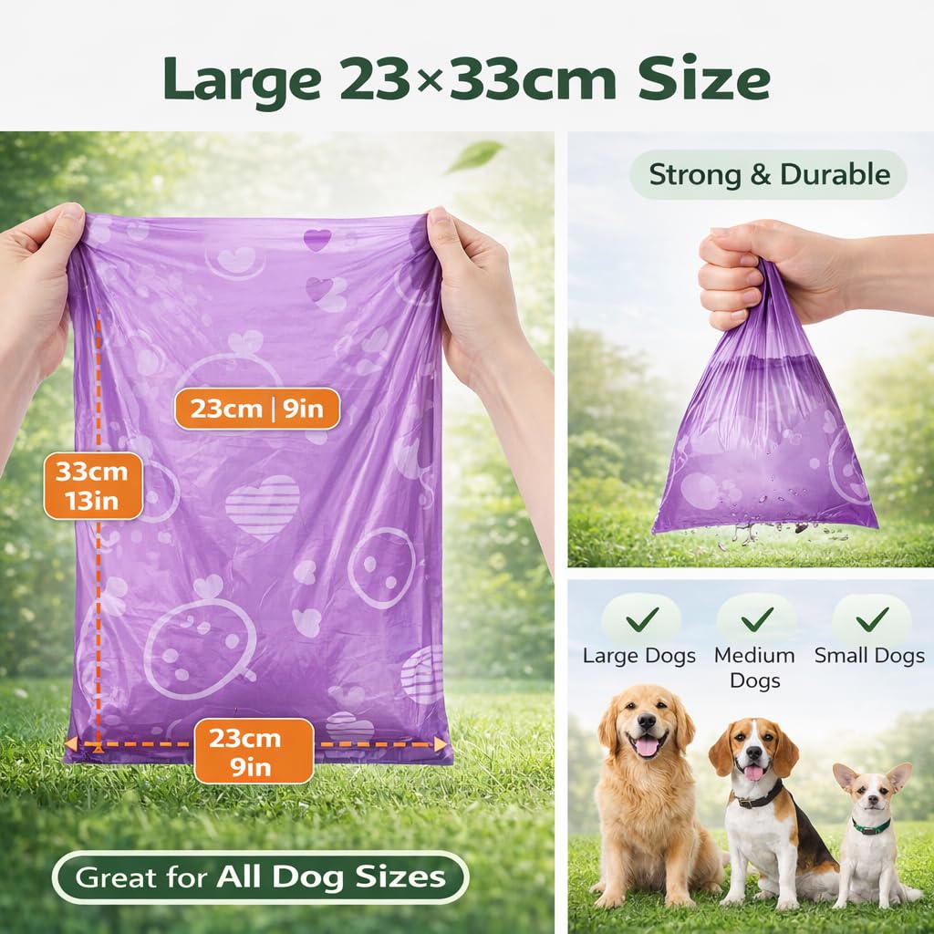 Dog Poop Bags with Dispenser – 240 Count, Leak-Proof, Strawberry Scented, Large Size for All Dogs, Biodegradable & Durable (Purple)