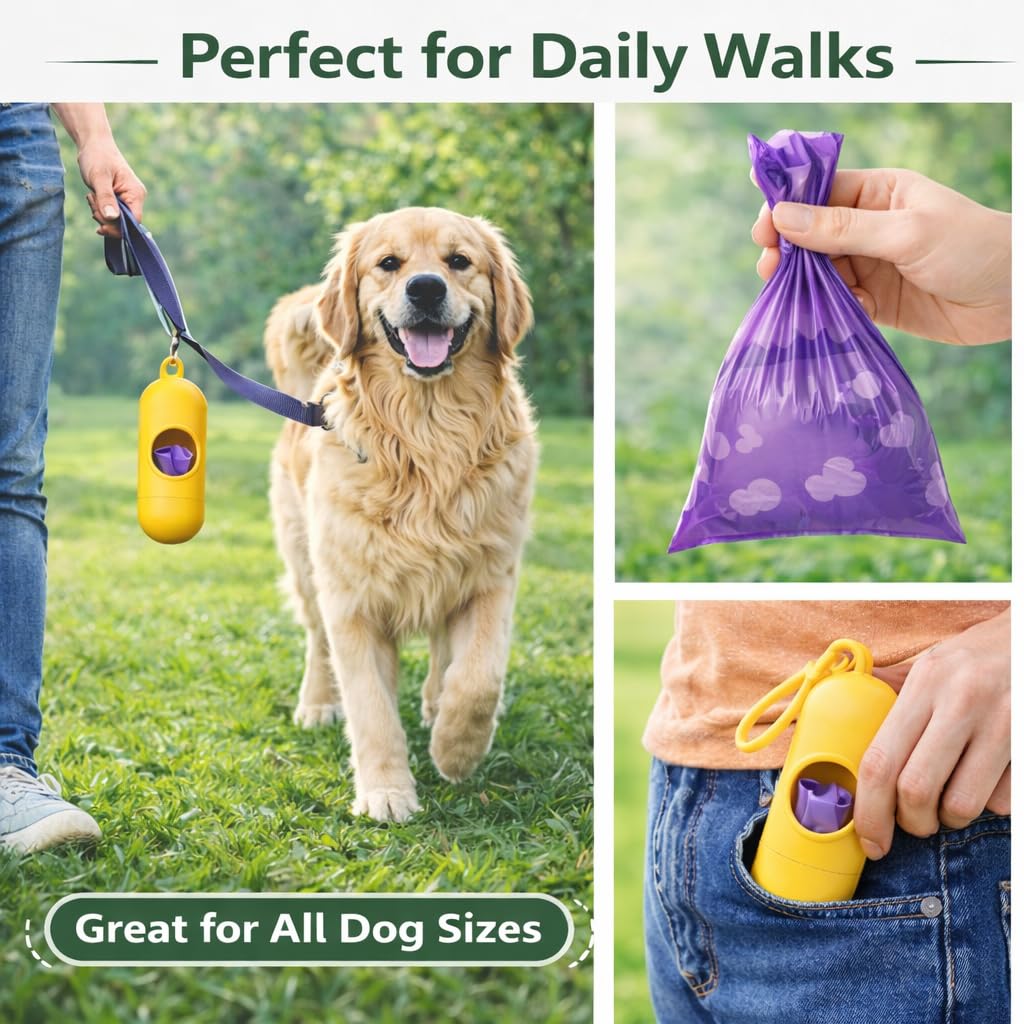 Dog Poop Bags with Dispenser – 240 Count, Leak-Proof, Strawberry Scented, Large Size for All Dogs, Biodegradable & Durable (Purple)