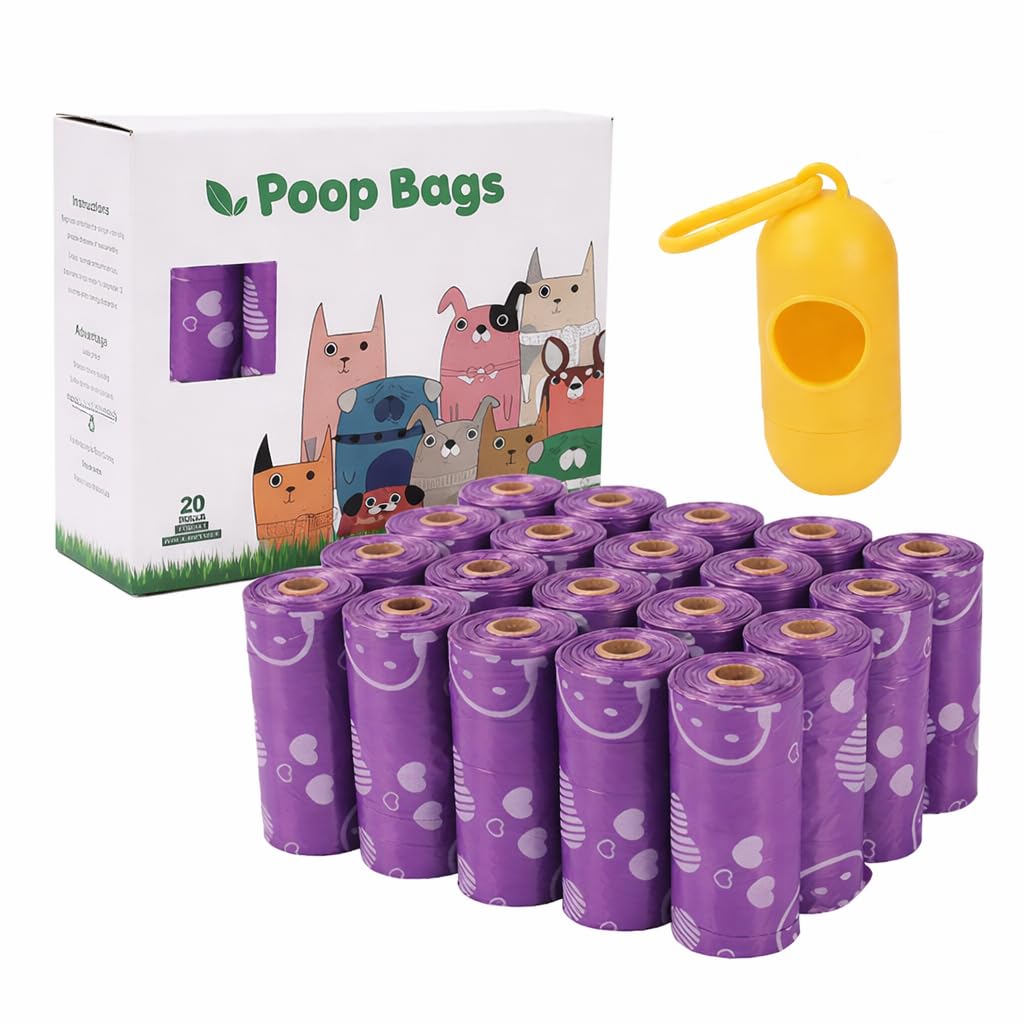 Dog Poop Bags with Dispenser – 300 Count, Leak-Proof, Strawberry Scented, Large Size for All Dogs, Biodegradable & Durable (Purple)