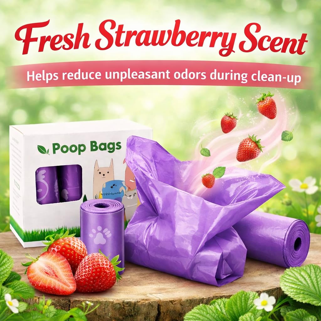 Dog Poop Bags with Dispenser – 300 Count, Leak-Proof, Strawberry Scented, Large Size for All Dogs, Biodegradable & Durable (Purple)