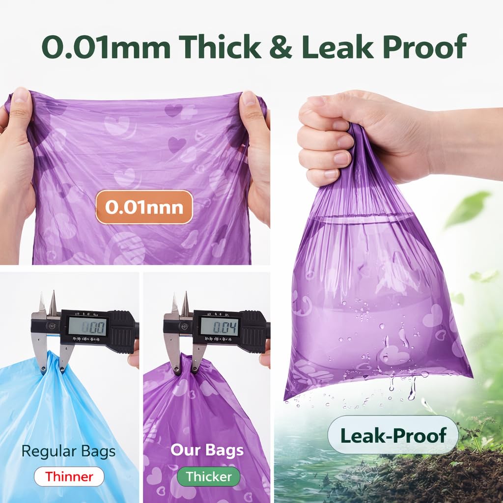 Dog Poop Bags with Dispenser – 300 Count, Leak-Proof, Strawberry Scented, Large Size for All Dogs, Biodegradable & Durable (Purple)