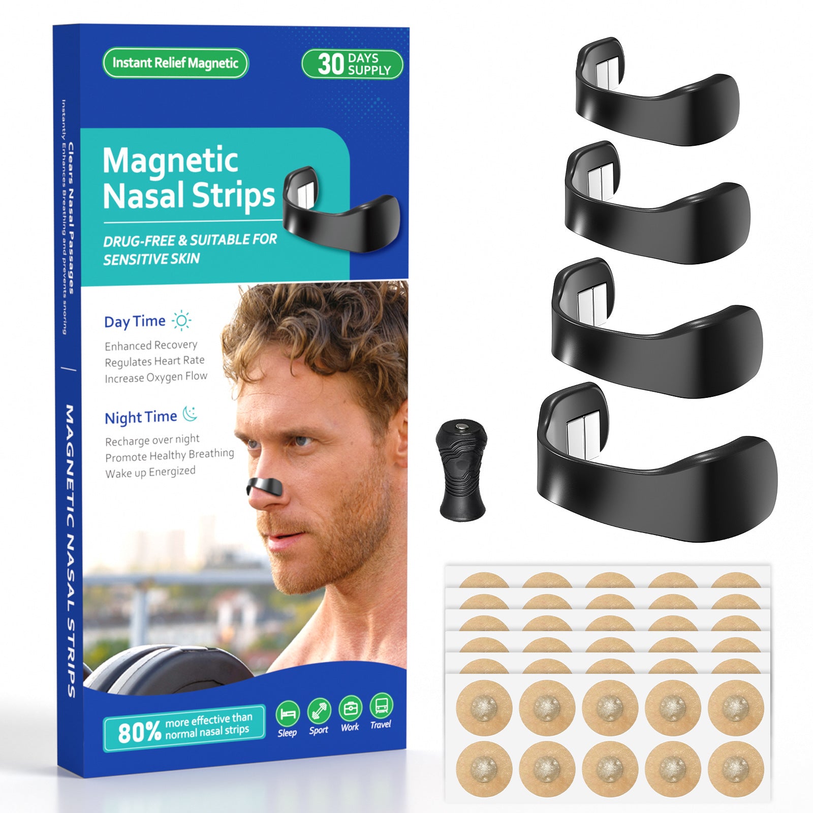 Black Magnetic Nasal Strips Kit (30-Day Supply): Breath Support with Reusable Bands & Adhesive Tabs – Enhance Oxygen Flow, Reduce Snoring, Improve Sleep