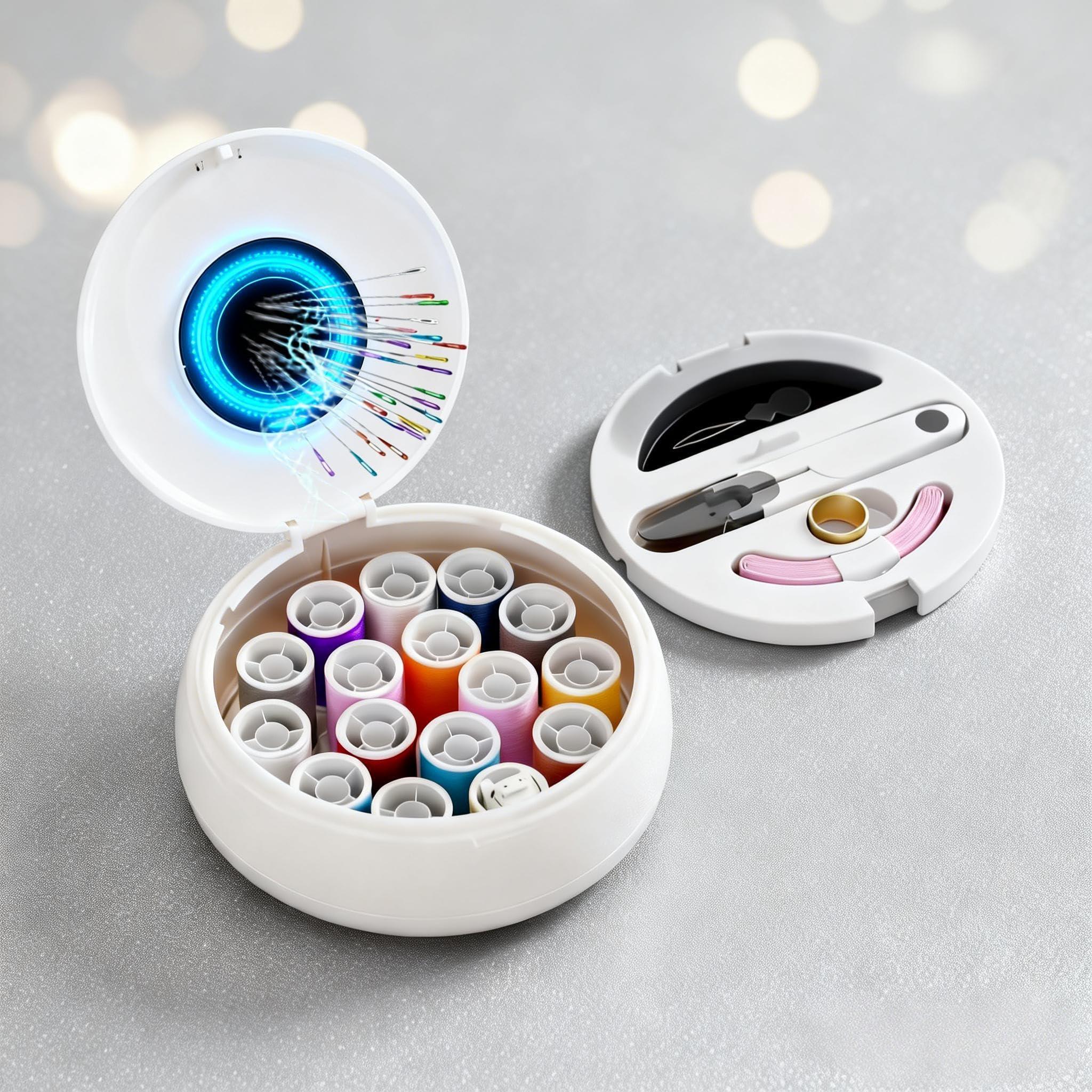 Modern Magnetic Sewing Kit – Compact Travel Sewing Box with Strong Magnetic Lid, 16-Thread Spools & Tools, Portable Needle Organizer for Home & On-the-Go Use (White)