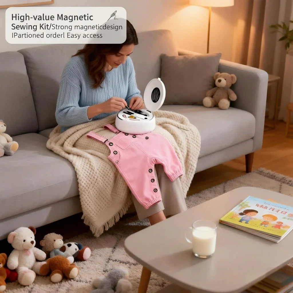 Modern Magnetic Sewing Kit – Compact Travel Sewing Box with Strong Magnetic Lid, 16-Thread Spools & Tools, Portable Needle Organizer for Home & On-the-Go Use (White)