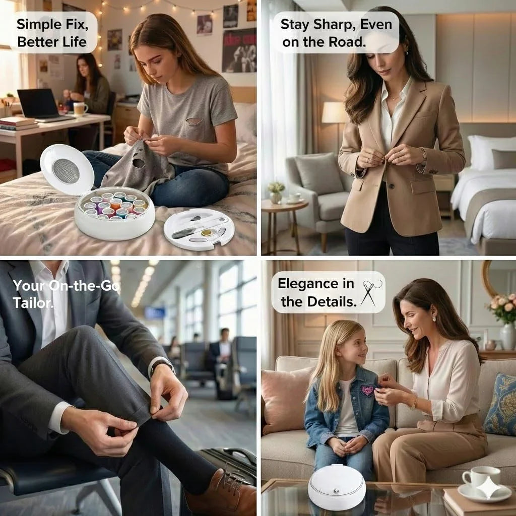 Modern Magnetic Sewing Kit – Compact Travel Sewing Box with Strong Magnetic Lid, 16-Thread Spools & Tools, Portable Needle Organizer for Home & On-the-Go Use (White)