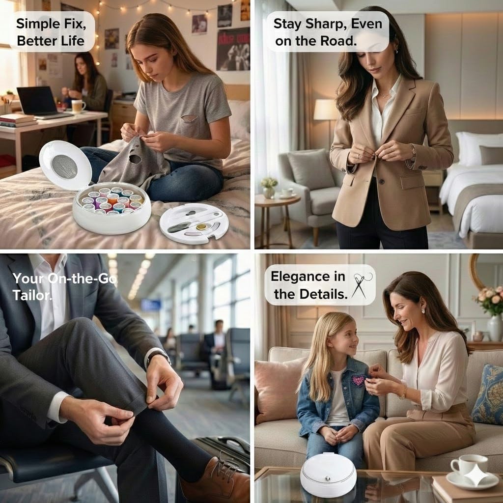Modern Magnetic Sewing Kit – Compact Travel Sewing Box with Strong Magnetic Lid, 16-Thread Spools & Tools, Portable Needle Organizer for Home & On-the-Go Use (White)