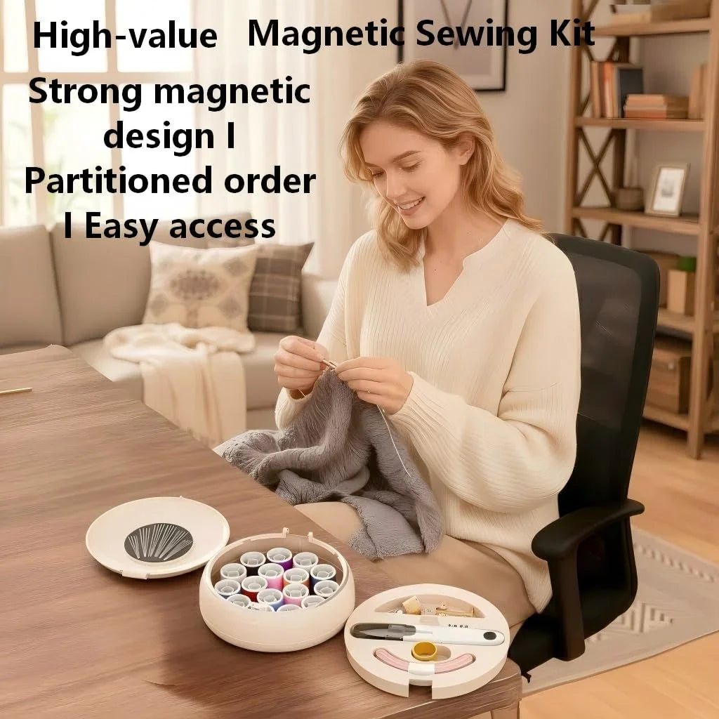 Modern Magnetic Sewing Kit – Compact Travel Sewing Box with Strong Magnetic Lid, 16-Thread Spools & Tools, Portable Needle Organizer for Home & On-the-Go Use (Beige)