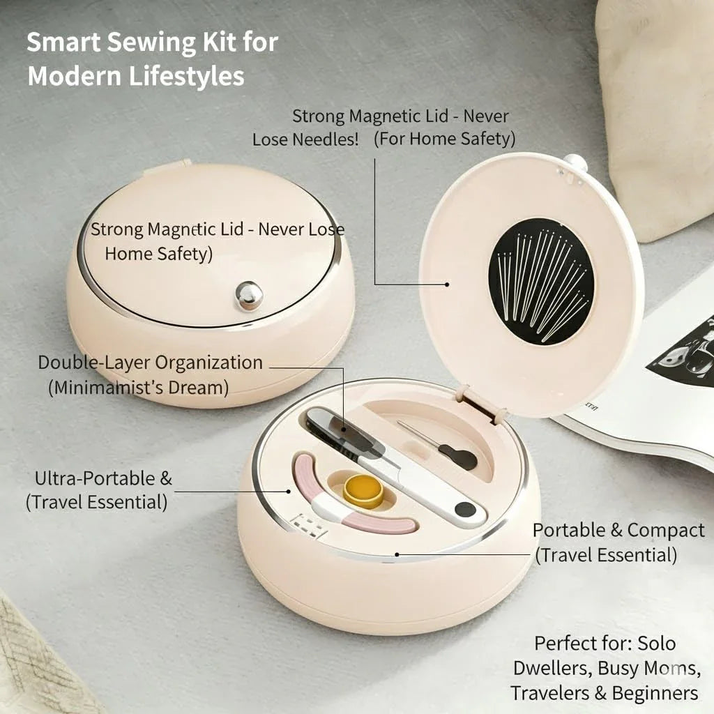 Modern Magnetic Sewing Kit – Compact Travel Sewing Box with Strong Magnetic Lid, 16-Thread Spools & Tools, Portable Needle Organizer for Home & On-the-Go Use (Beige)